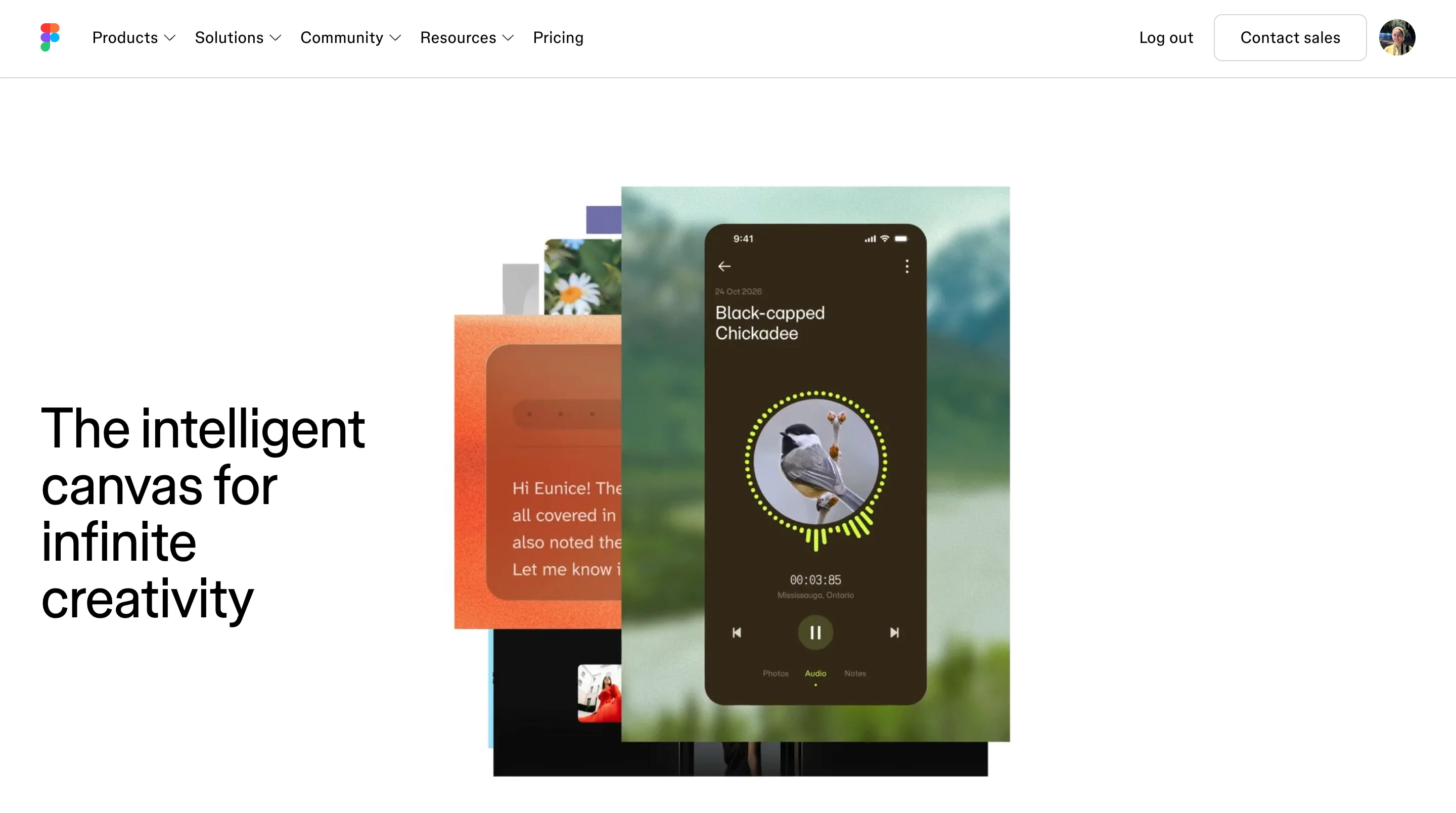 Figma homepage hero reading "The intelligent canvas for infinite creativity," with a layered stack of mobile app screen mockups, including a bird identification app and a messaging interface, displayed on the right side.