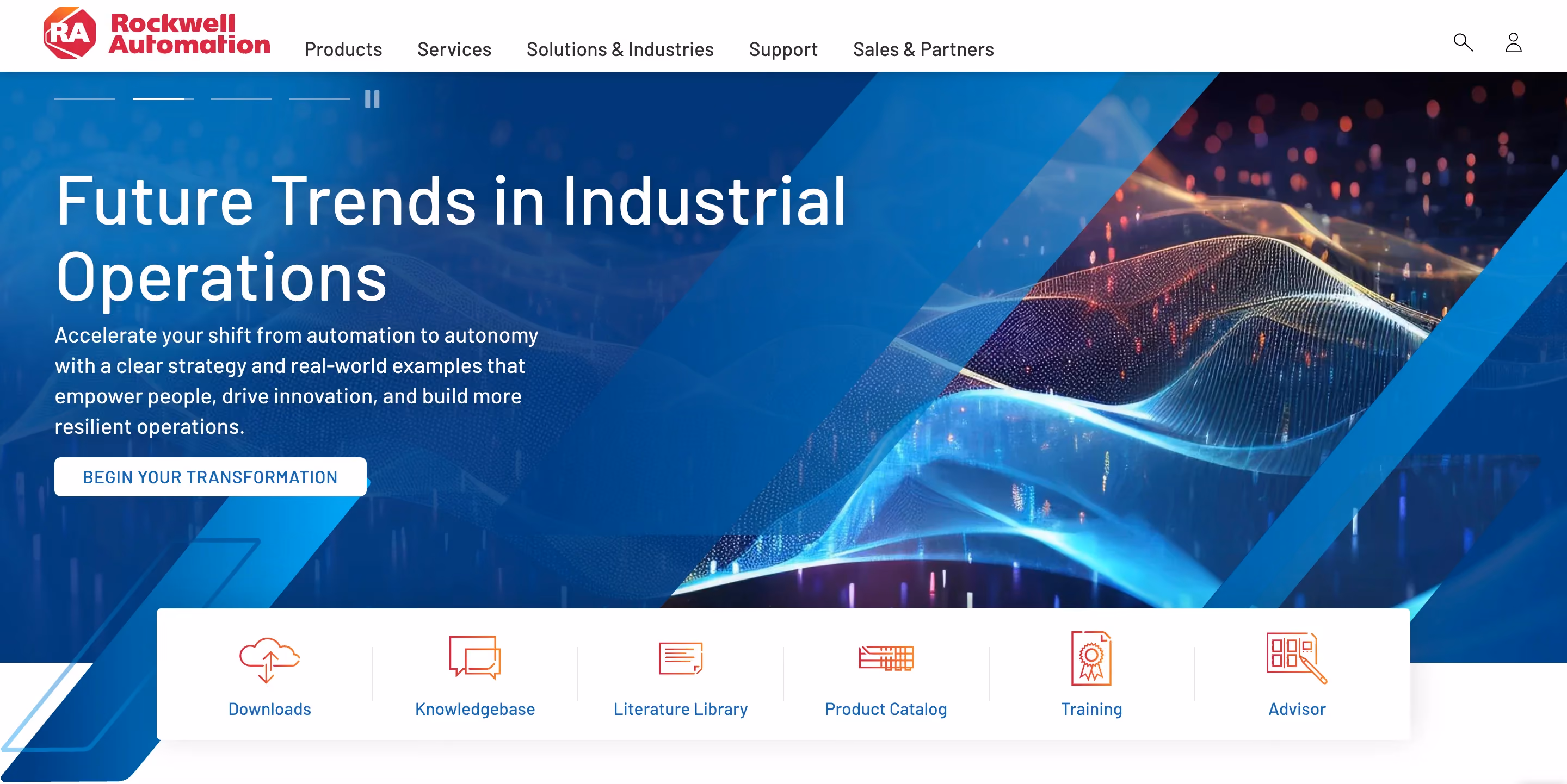 Rockwell Automation homepage hero with a dark blue tech themed background, headline "Future Trends in Industrial Operations," subtext about shifting from automation to autonomy, a "Begin Your Transformation" button, and a row of resource icons for Downloads, Knowledgebase, Literature Library, Product Catalog, Training, and Advisor.