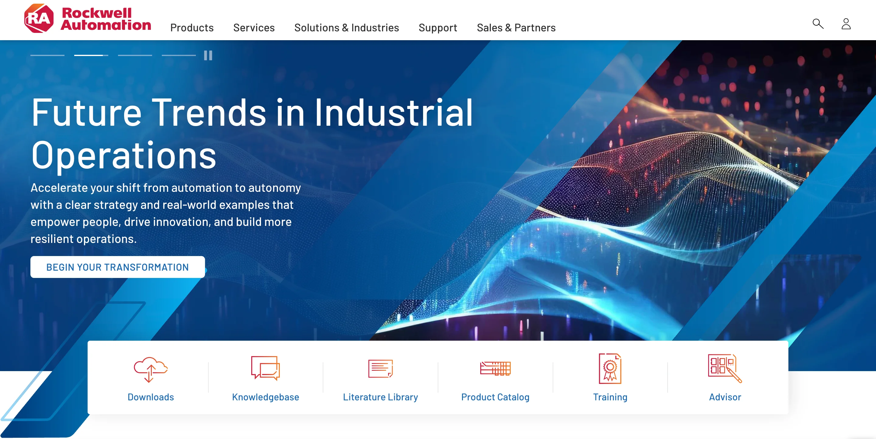 Rockwell Automation homepage hero with a dark blue tech themed background, headline "Future Trends in Industrial Operations," subtext about shifting from automation to autonomy, a "Begin Your Transformation" button, and a row of resource icons for Downloads, Knowledgebase, Literature Library, Product Catalog, Training, and Advisor.