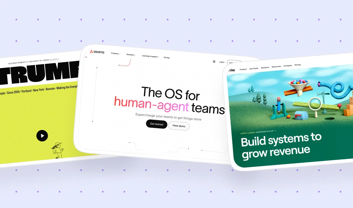 A collage of three B2B homepage screenshots arranged at angles on a light purple dotted background, including Instrument's bold yellow homepage with a video play button, Asana's "The OS for human-agent teams" hero section, and Clay's green "Build systems t
