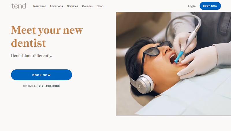 Tend dental homepage with clean minimal layout, warm serif headline reading Meet your new dentist, and a patient wearing headphones during treatment