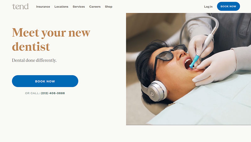 Tend dental homepage with clean minimal layout, warm serif headline reading Meet your new dentist, and a patient wearing headphones during treatment