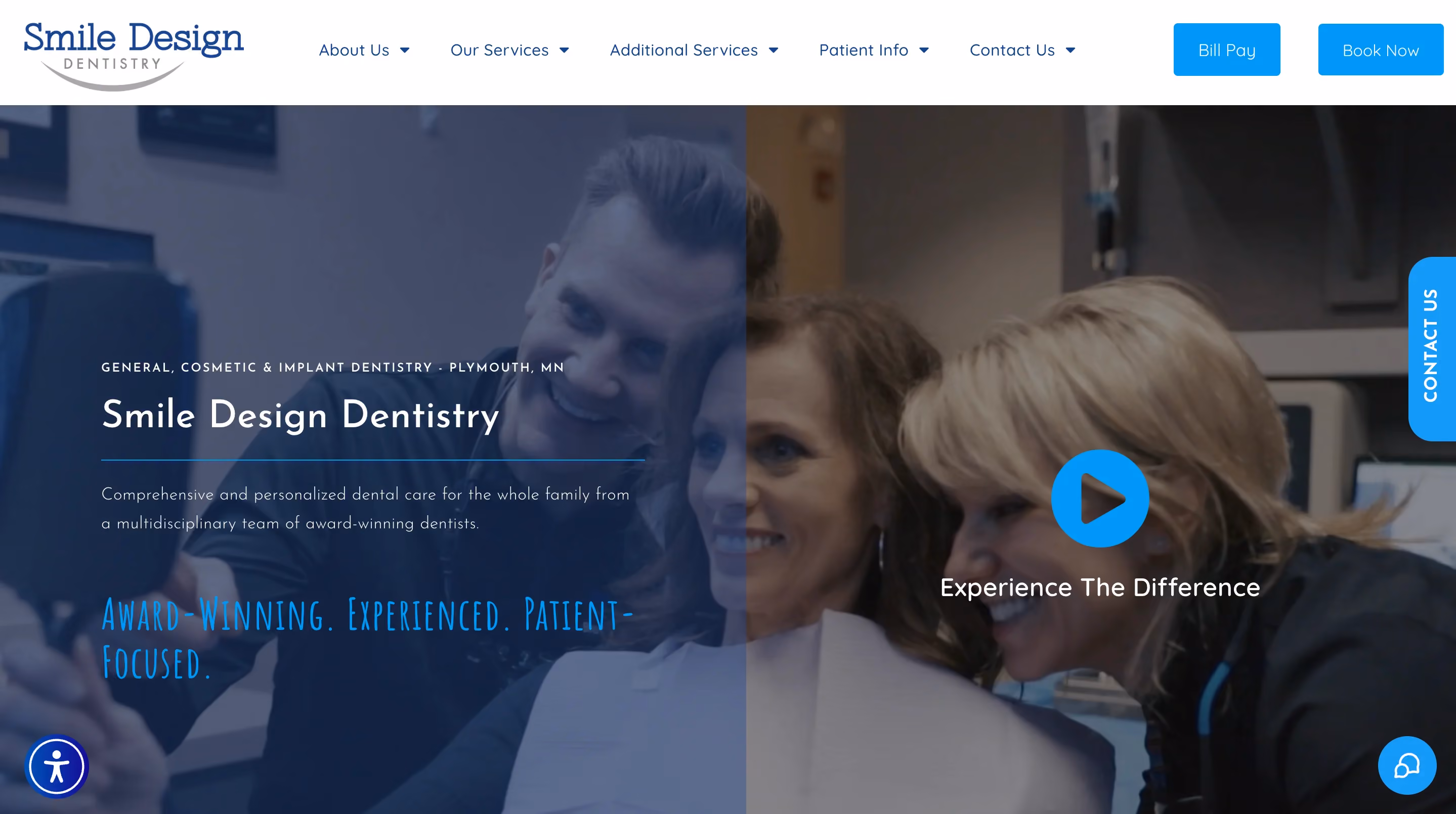 Smile Design Dentistry homepage featuring a full-width hero with team photography, blue overlay, and prominent Book Now CTA
