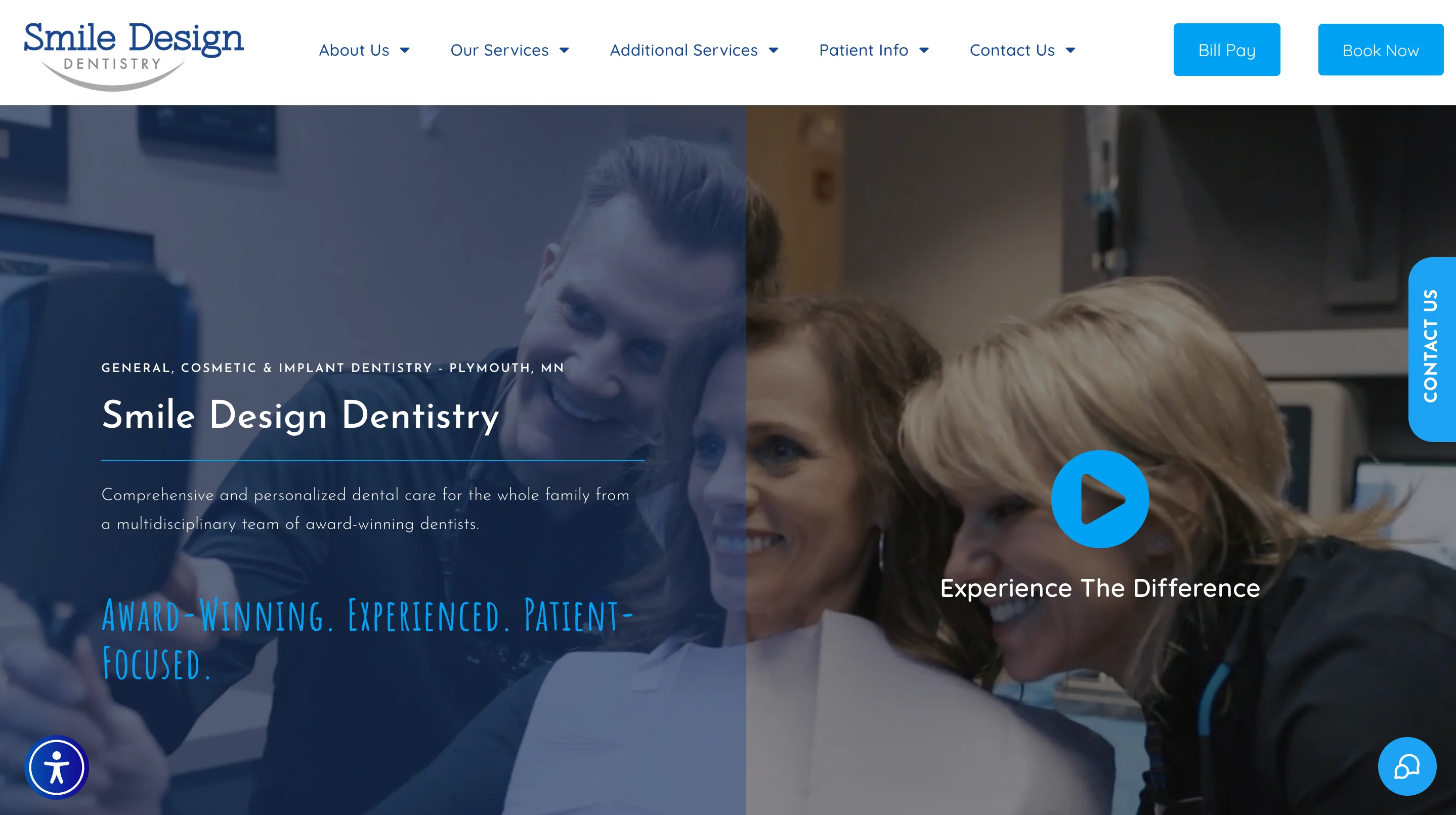 Smile Design Dentistry homepage featuring a full-width hero with team photography, blue overlay, and prominent Book Now CTA