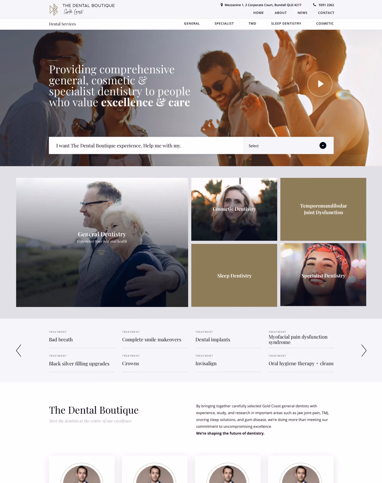 The Dental Boutique homepage with lifestyle hero video, service category grid for general, cosmetic, TMD, sleep, and specialist dentistry, and treatment carousel