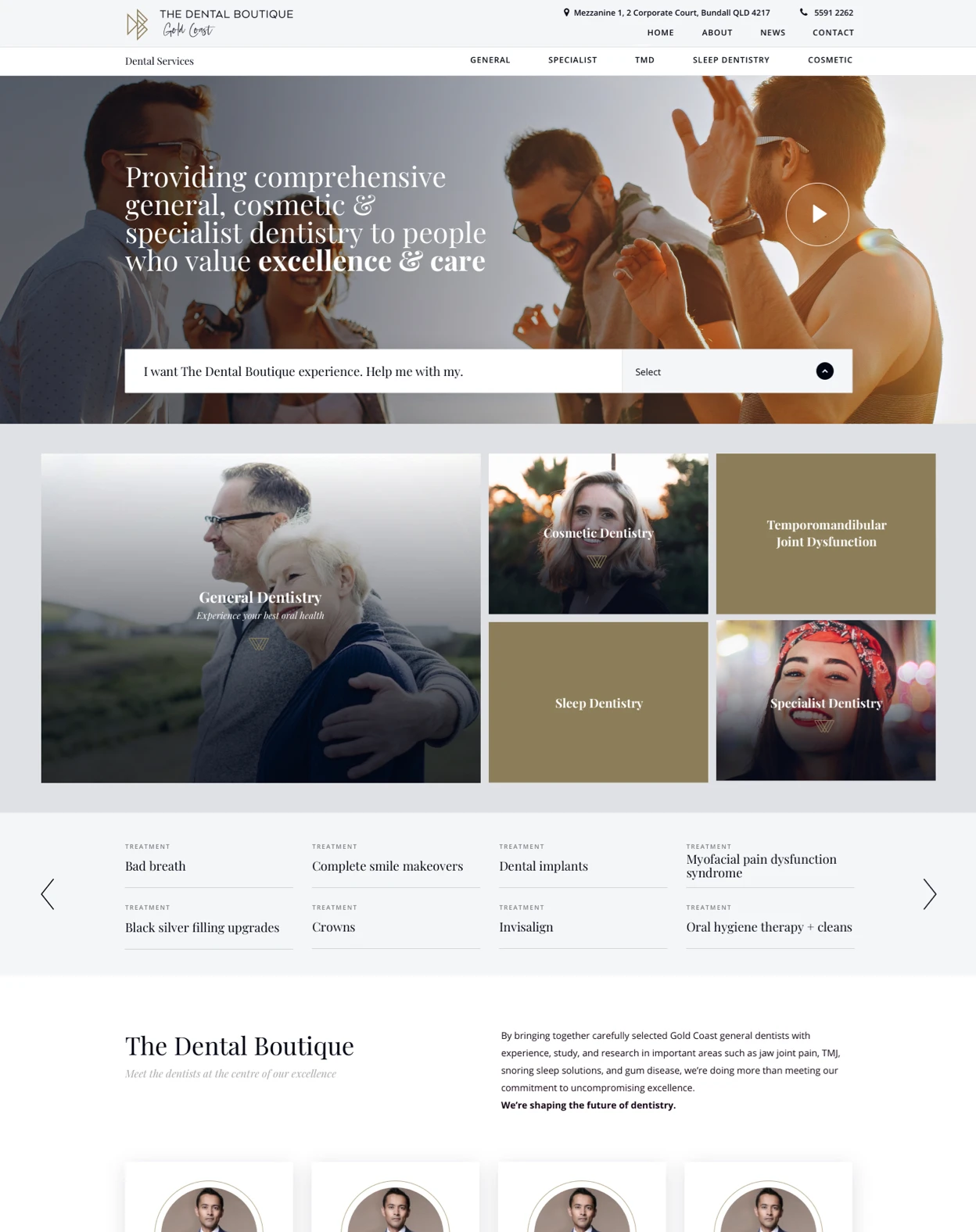 The Dental Boutique homepage with lifestyle hero video, service category grid for general, cosmetic, TMD, sleep, and specialist dentistry, and treatment carousel