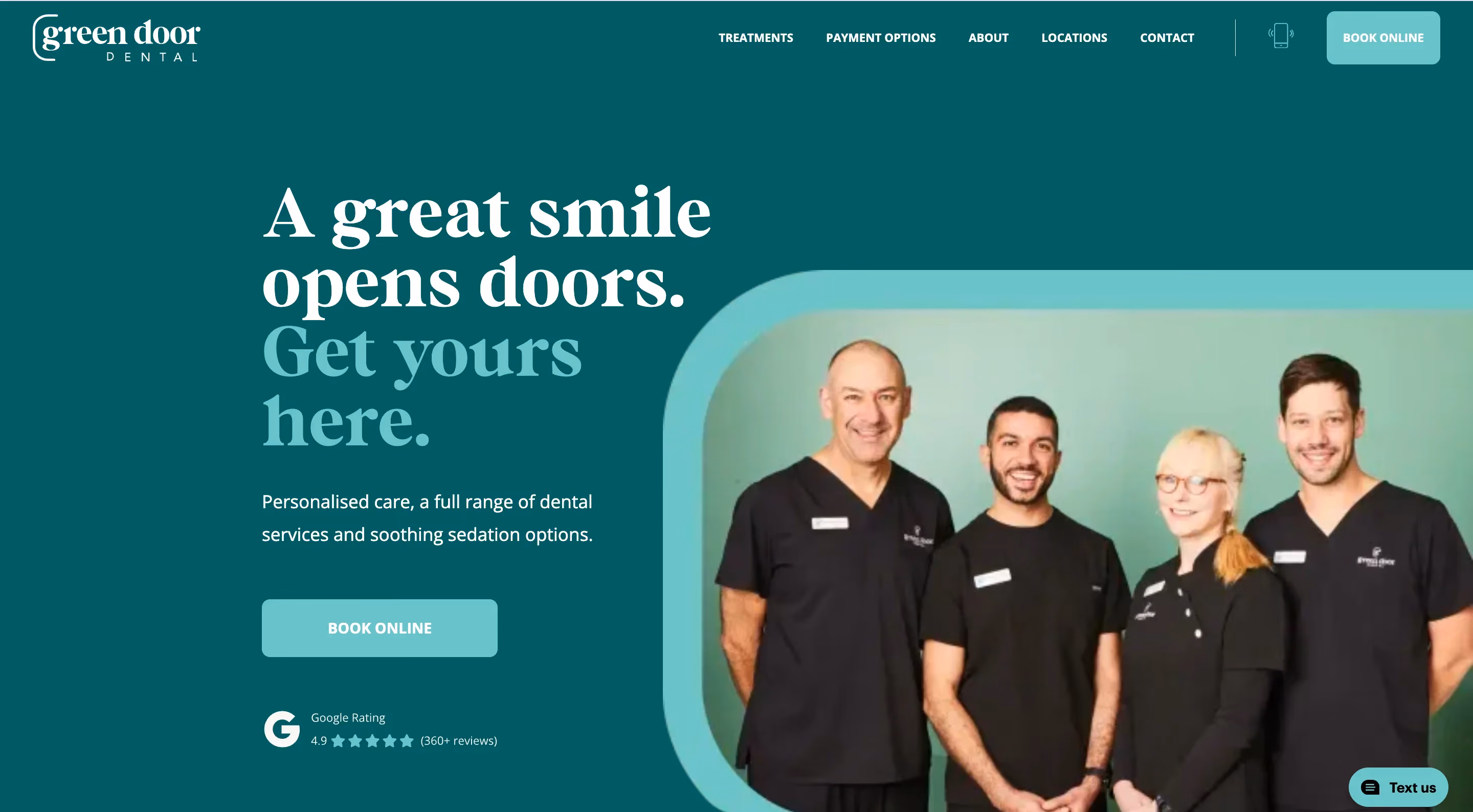 Green Door Dental homepage with teal color palette, team photo, Google rating badge showing 4.9 stars, and Book Online CTA