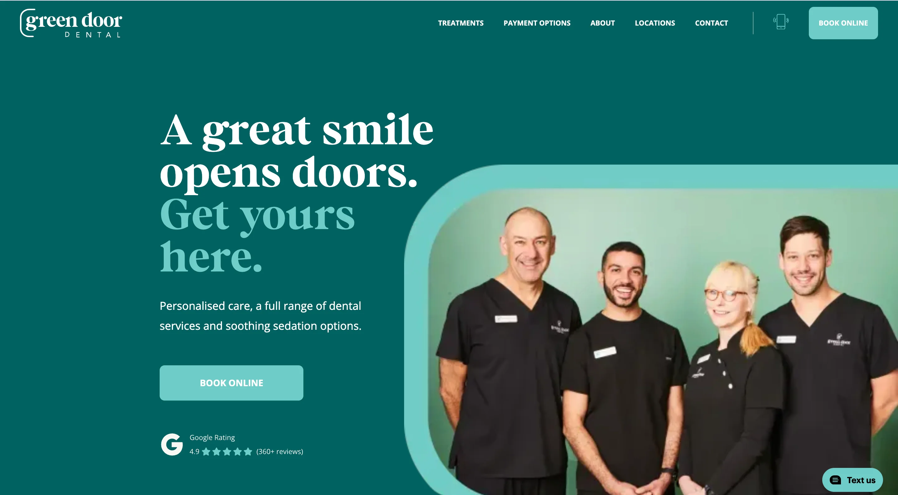 Green Door Dental homepage with teal color palette, team photo, Google rating badge showing 4.9 stars, and Book Online CTA