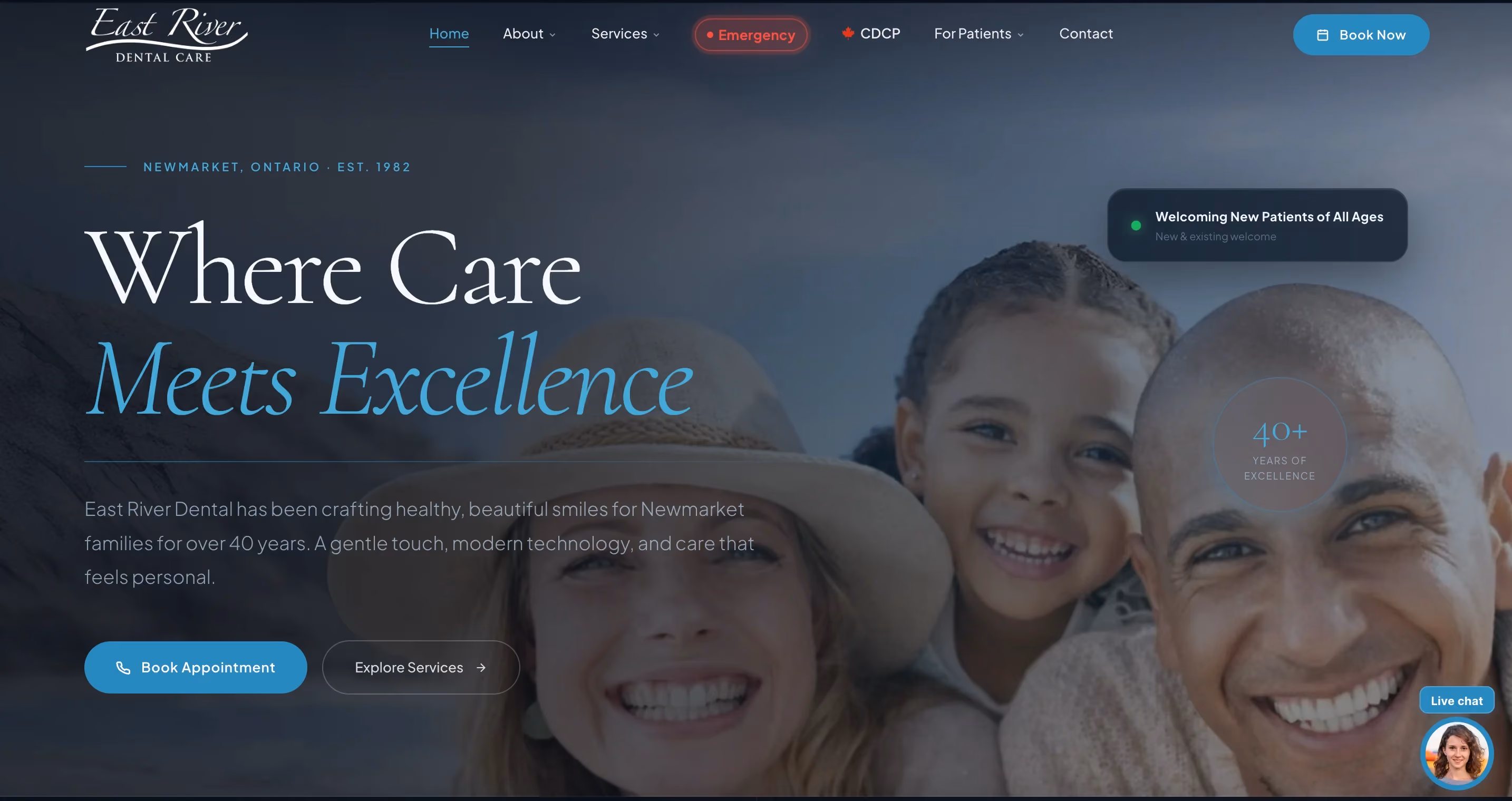East River Dental homepage with family photography, serif and italic typography, 40 plus years badge, and dual CTAs for booking and exploring services