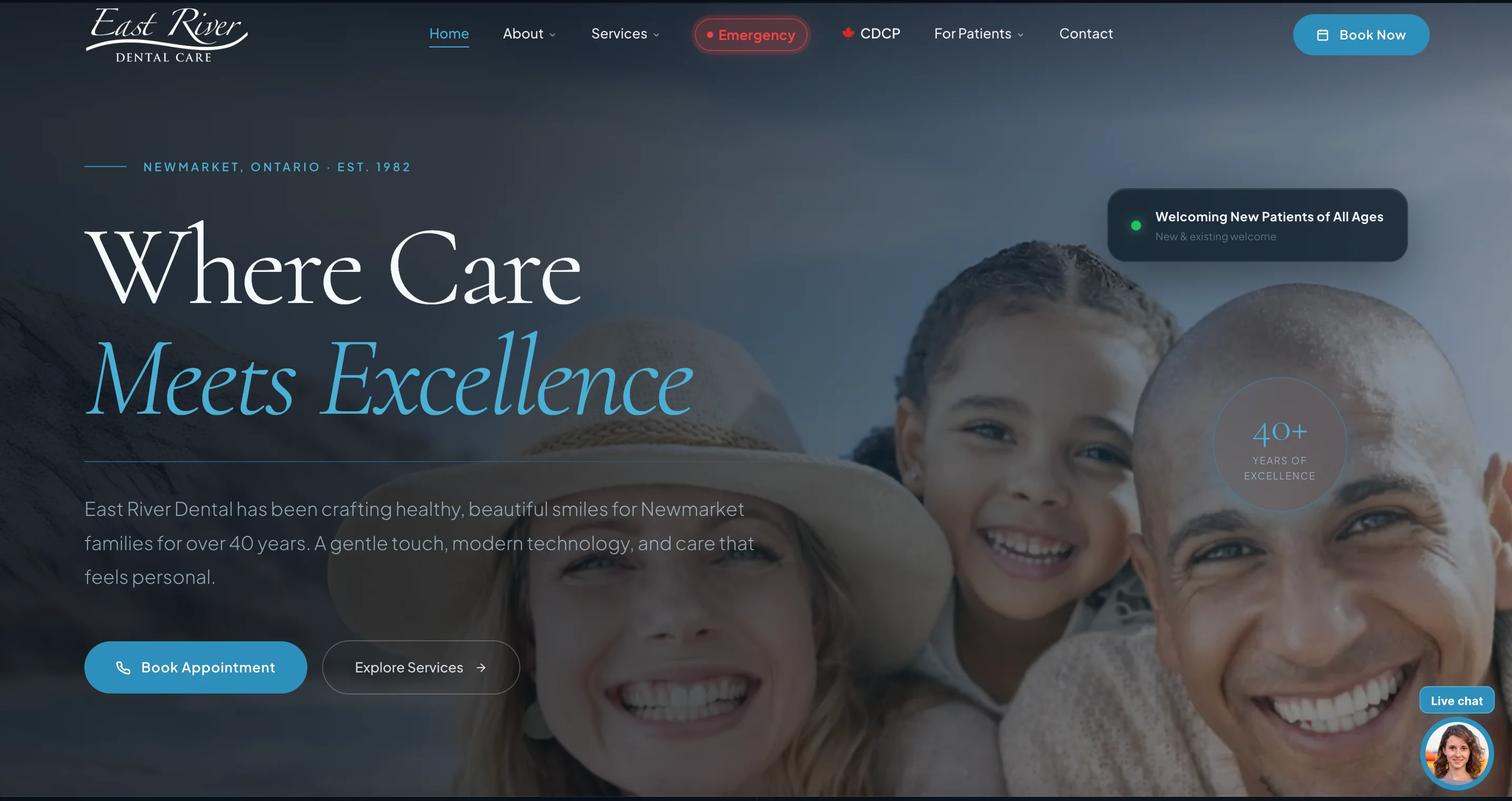 East River Dental homepage with family photography, serif and italic typography, 40 plus years badge, and dual CTAs for booking and exploring services