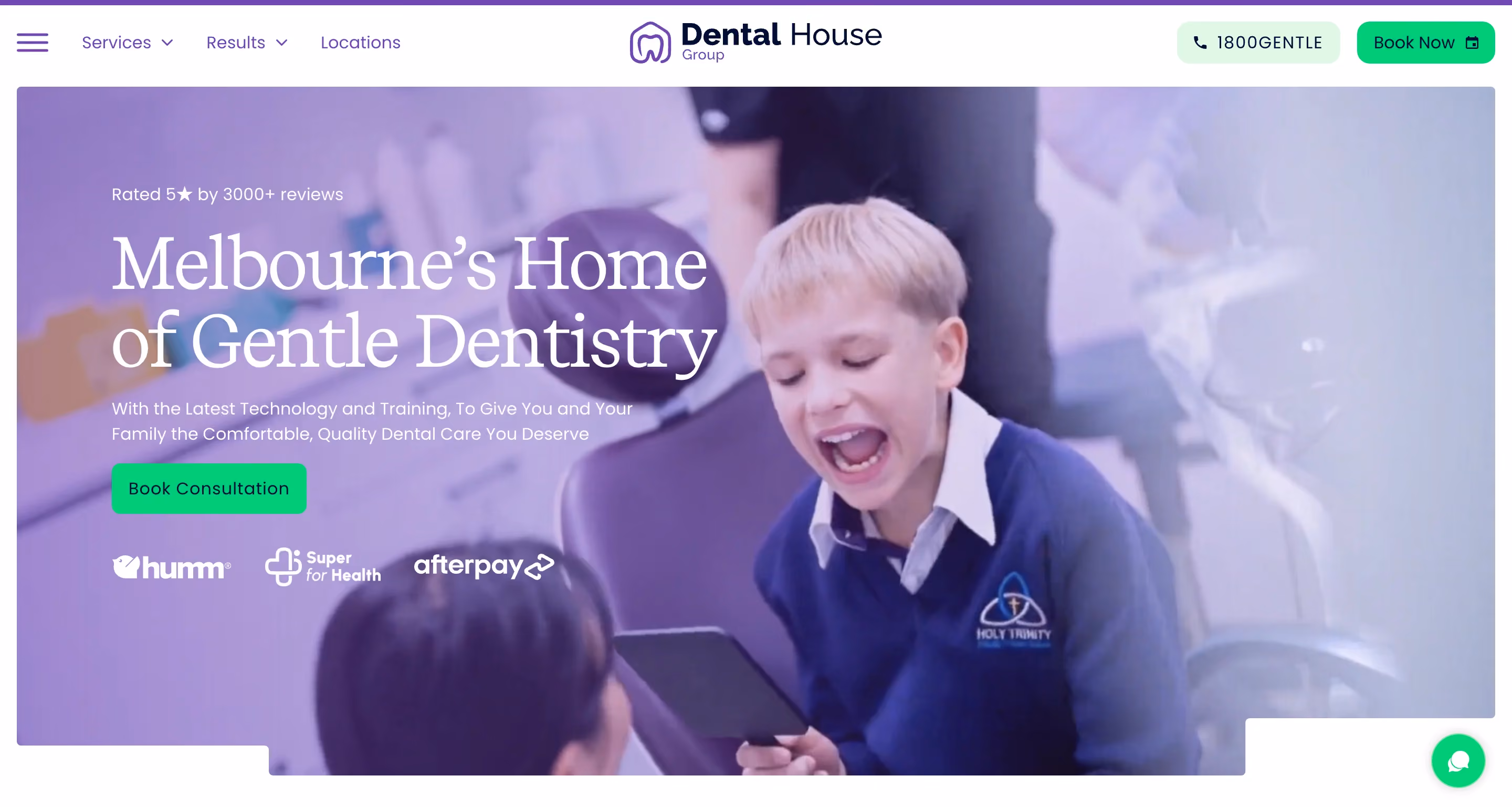 Dental House Group homepage featuring a child smiling during a dental visit, purple brand accent, 5-star review badge, and payment partner logos