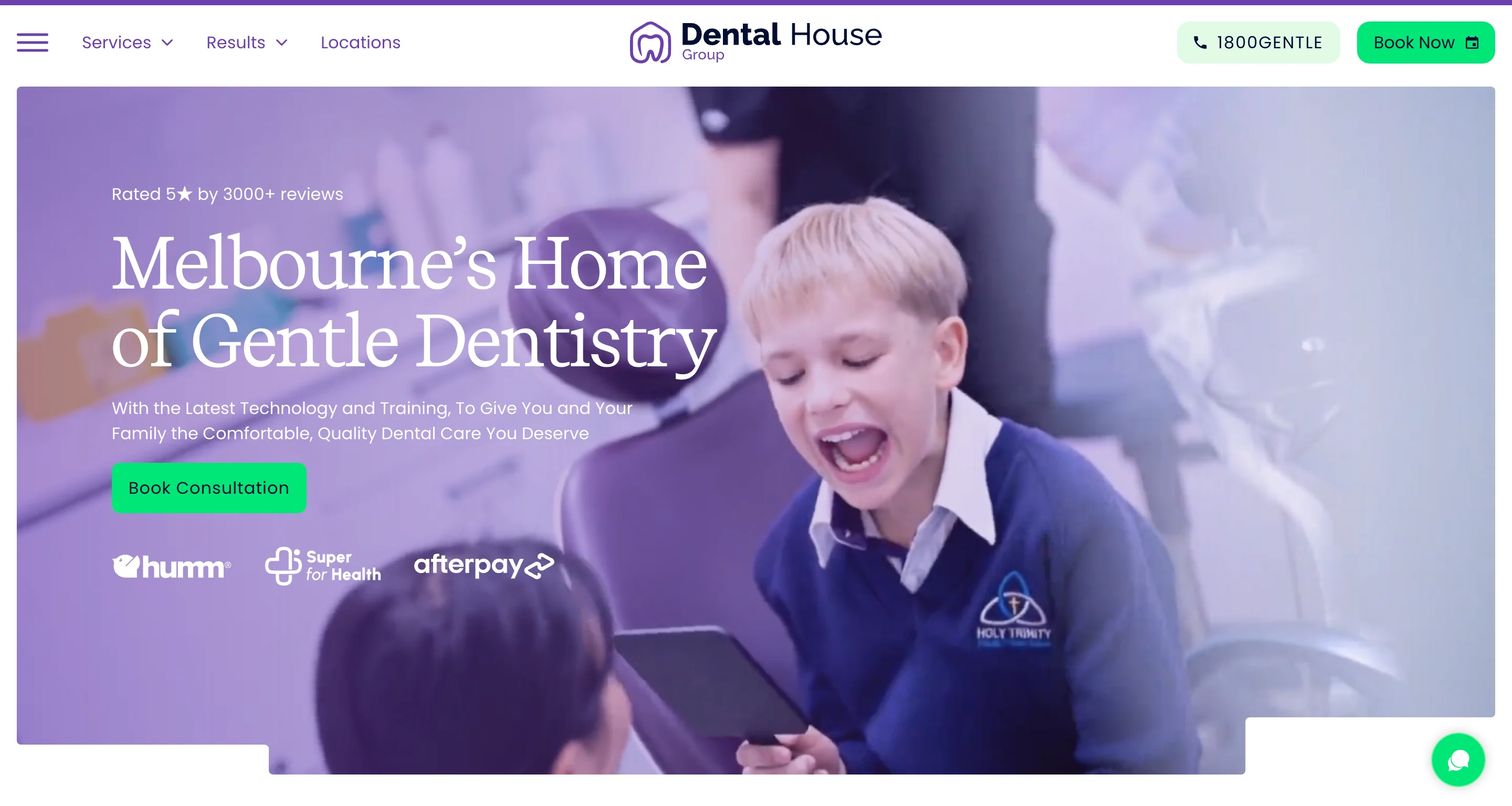 Dental House Group homepage featuring a child smiling during a dental visit, purple brand accent, 5-star review badge, and payment partner logos