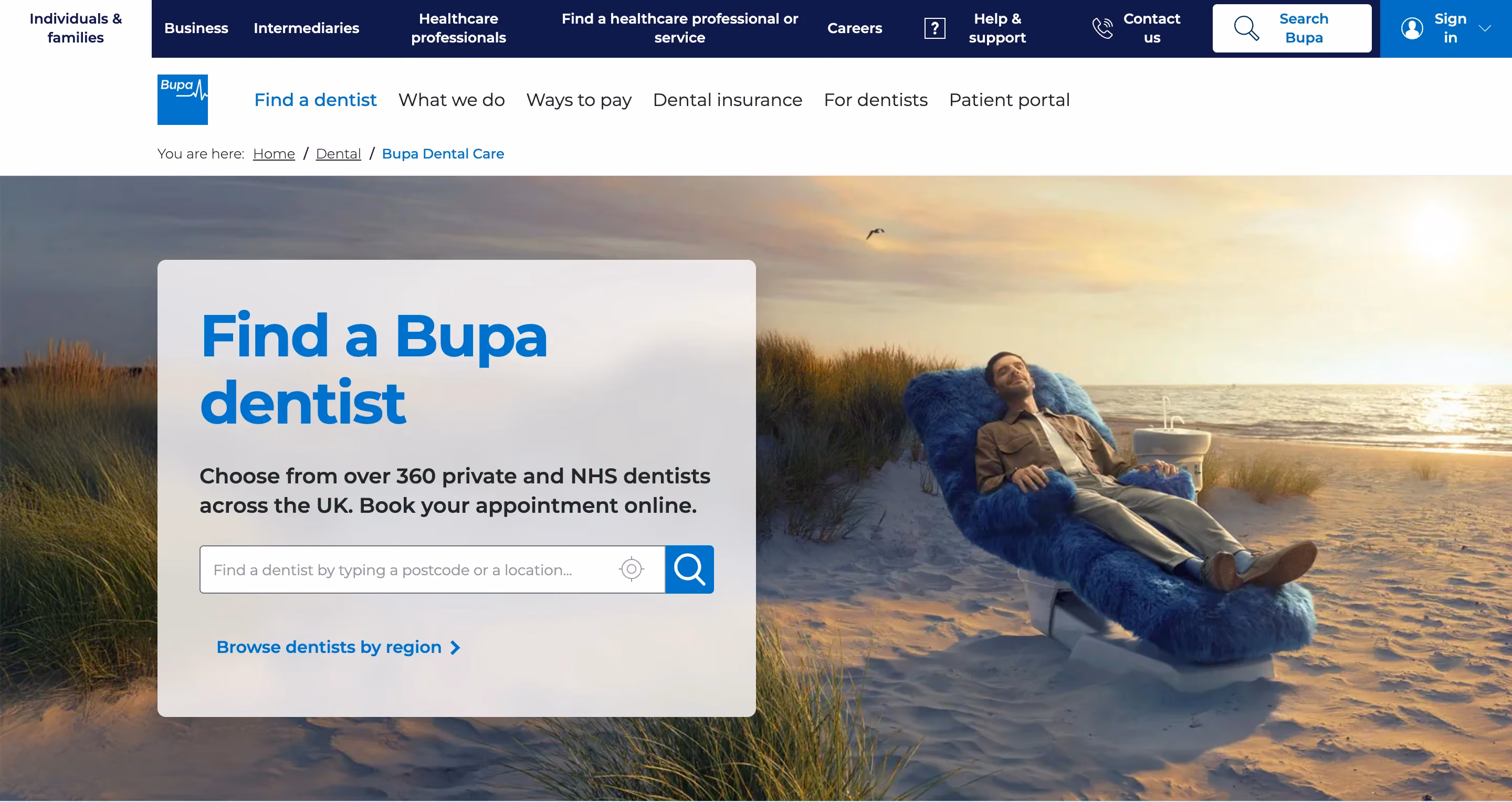 Bupa Dental Care homepage with location finder search bar, breadcrumb navigation, and playful brand photography of a man relaxing on a beach