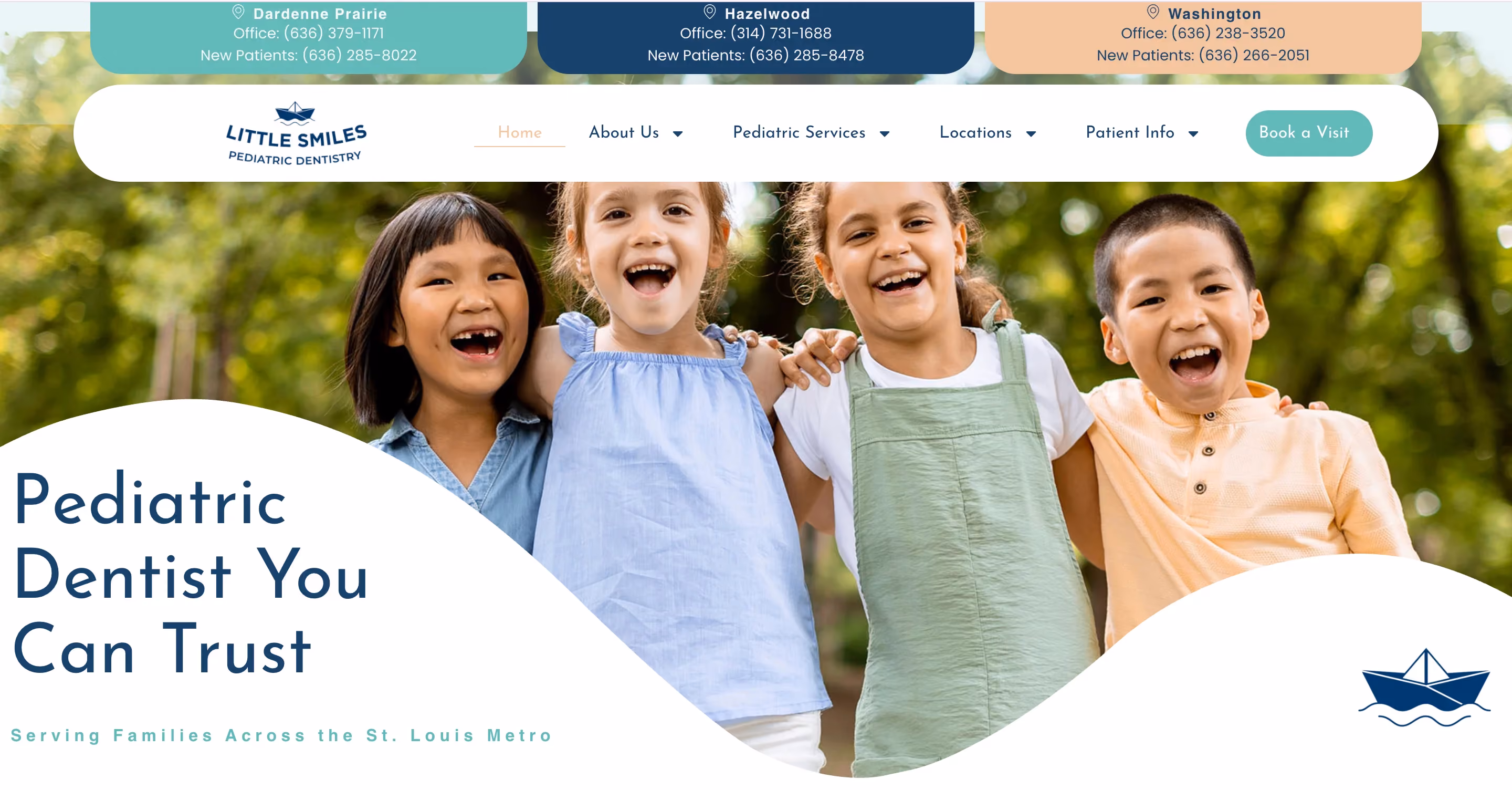 Little Smiles Pediatric Dentistry homepage showing five laughing children, multi-location contact bar, and a nautical boat logo
