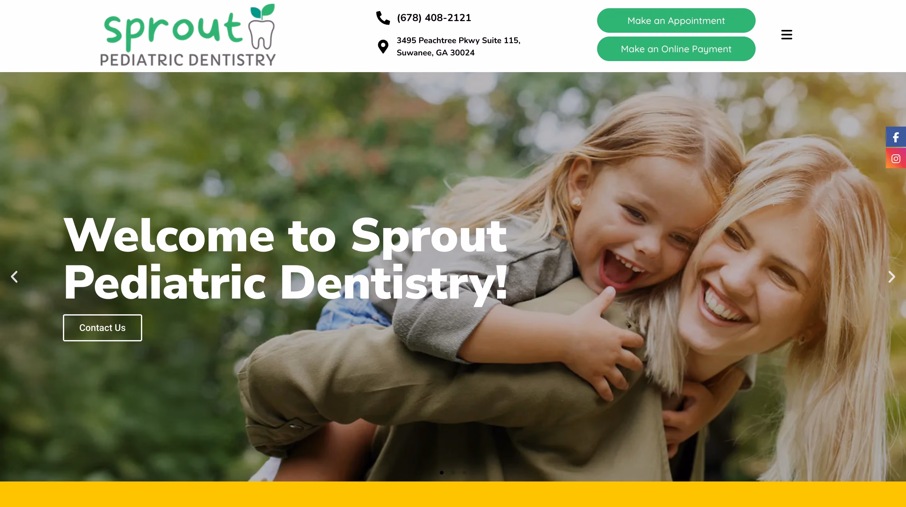 Sprout Pediatric Dentistry homepage with a mother and daughter playing outdoors, green brand colors, and appointment booking buttons