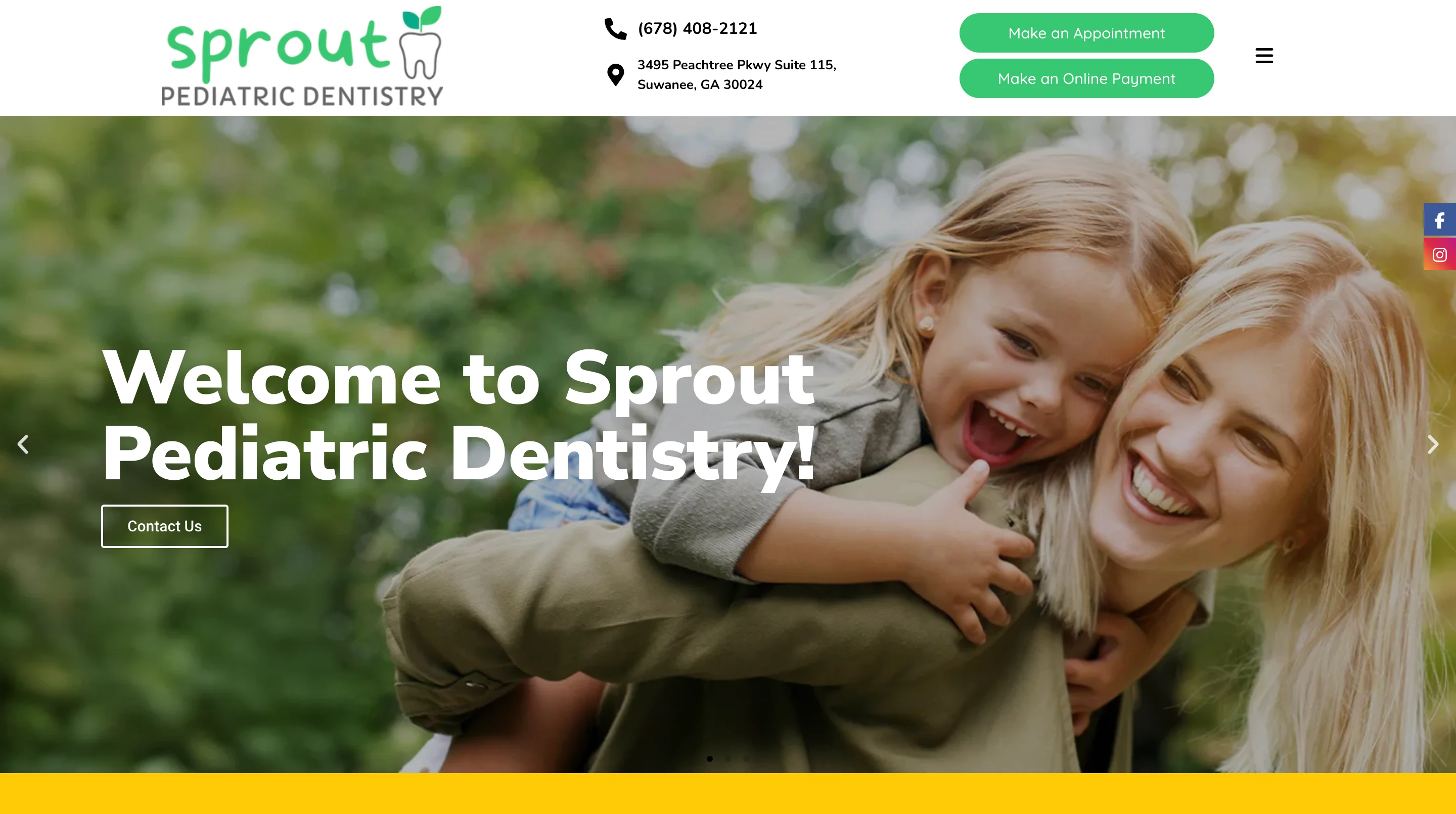 Sprout Pediatric Dentistry homepage with a mother and daughter playing outdoors, green brand colors, and appointment booking buttons