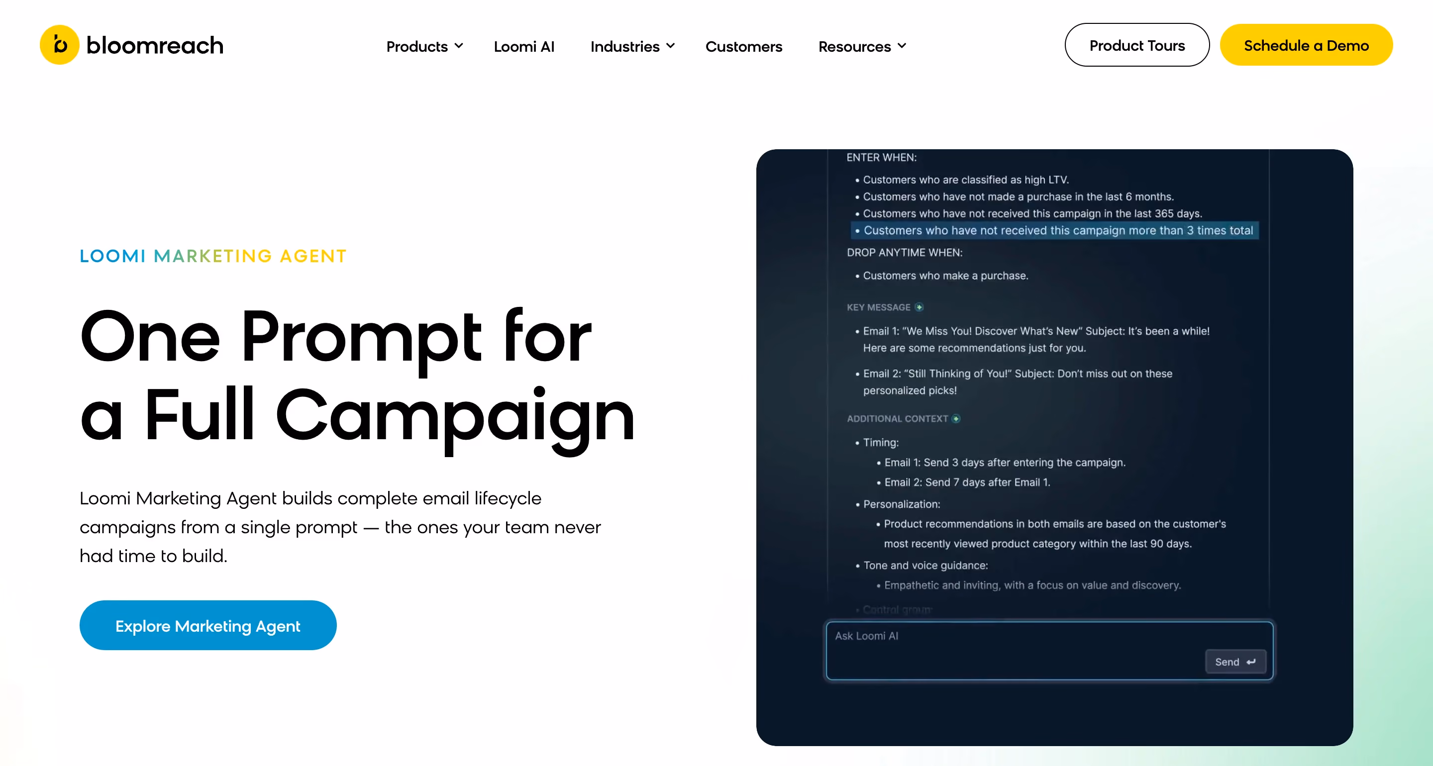 Bloomreach website hero section showing the Loomi Marketing Agent feature. The headline reads "one prompt for a full campaign" with a description of building complete email lifecycle campaigns from a single prompt. The right side shows a dark UI panel with campaign entry conditions, key messages for two emails, timing rules, personalization details, and an "ask Loomi AI" input box.