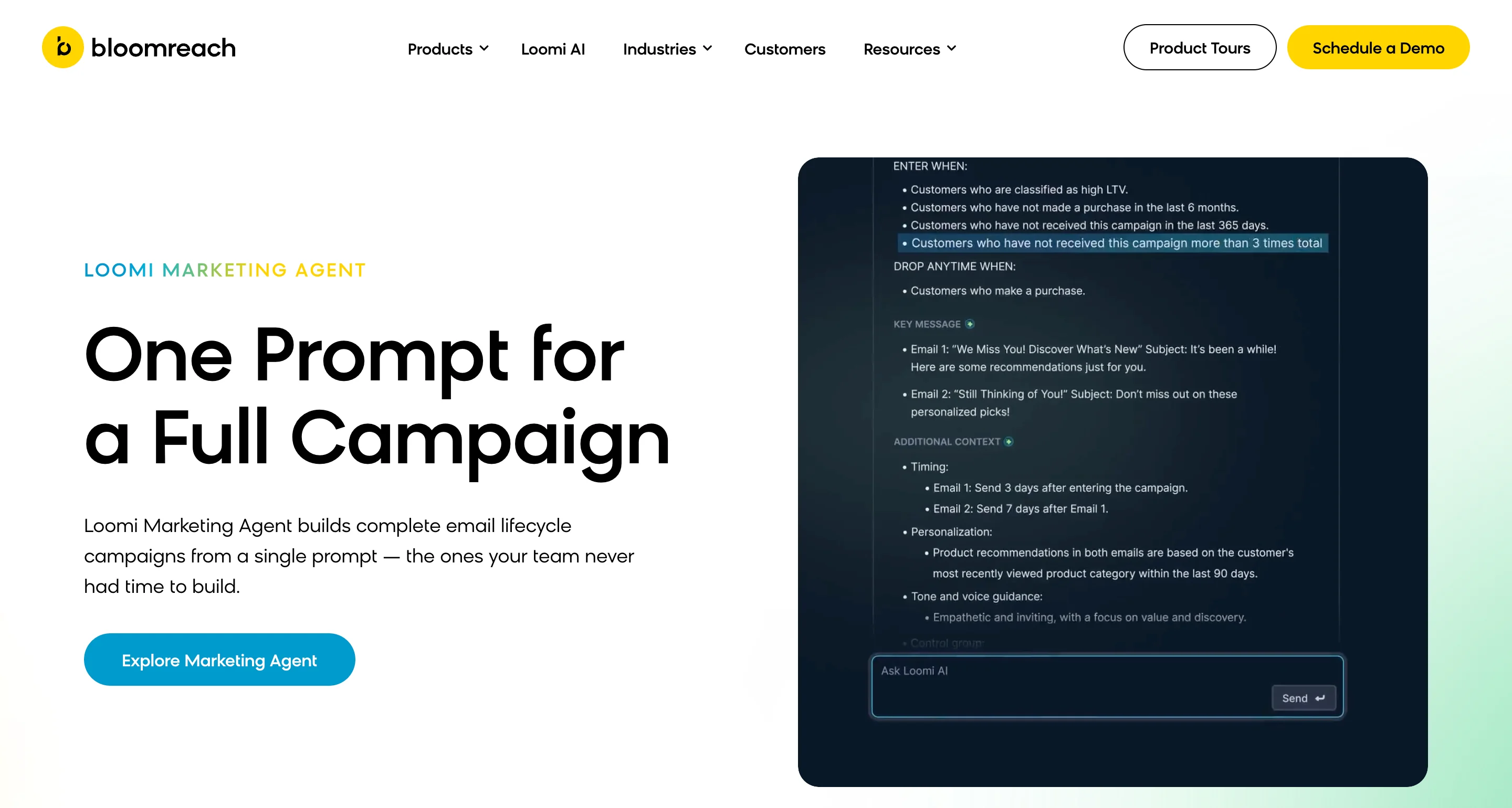 Bloomreach website hero section showing the Loomi Marketing Agent feature. The headline reads "one prompt for a full campaign" with a description of building complete email lifecycle campaigns from a single prompt. The right side shows a dark UI panel with campaign entry conditions, key messages for two emails, timing rules, personalization details, and an "ask Loomi AI" input box.