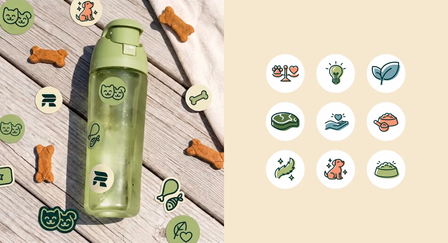 Rebel Raw branded water bottle with custom pet stickers alongside the full custom icon set designed by magier, featuring illustrations of dogs, cats, food bowls, leaves, and health symbols