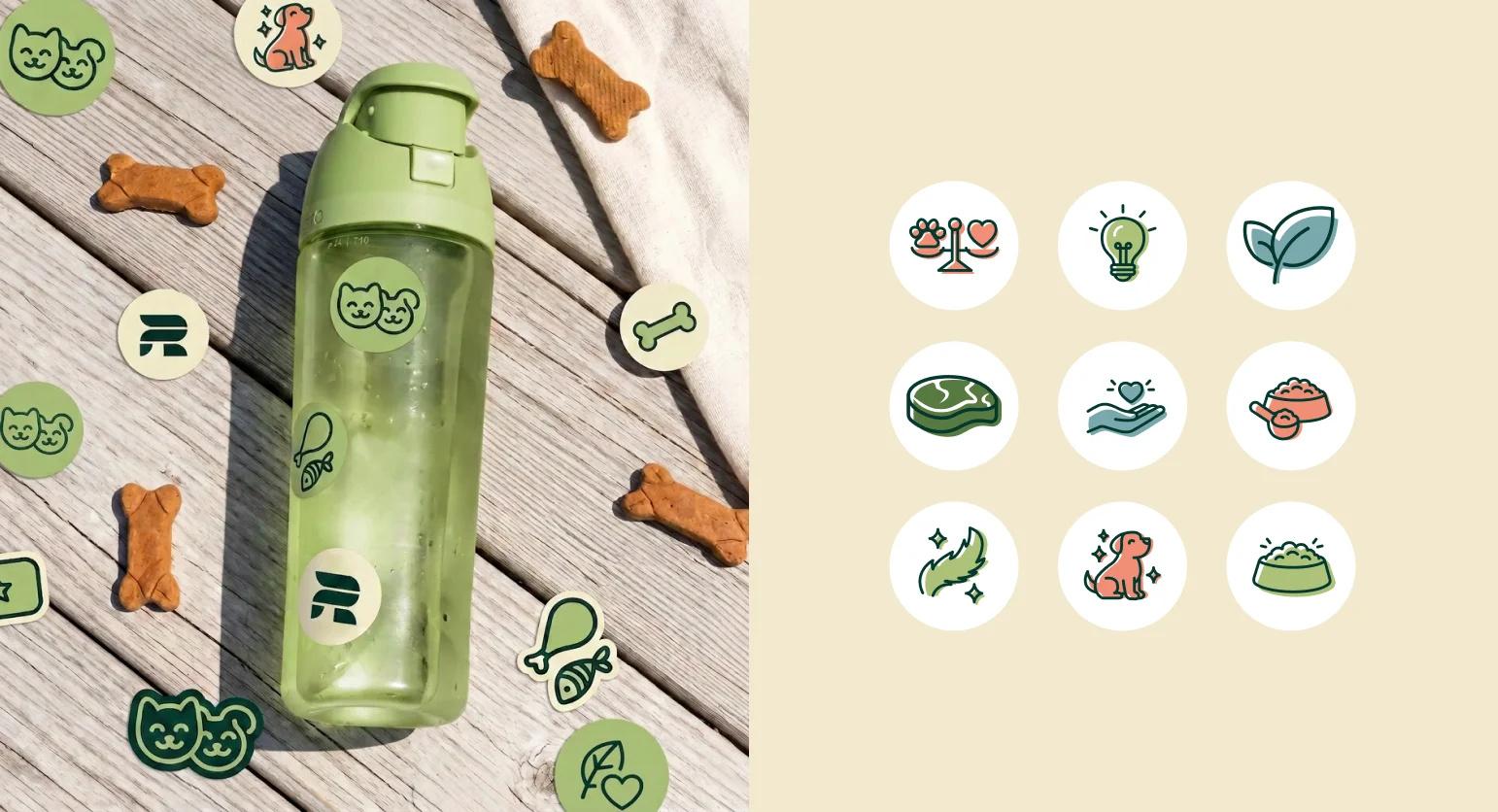 Rebel Raw branded water bottle with custom pet stickers alongside the full custom icon set designed by magier, featuring illustrations of dogs, cats, food bowls, leaves, and health symbols