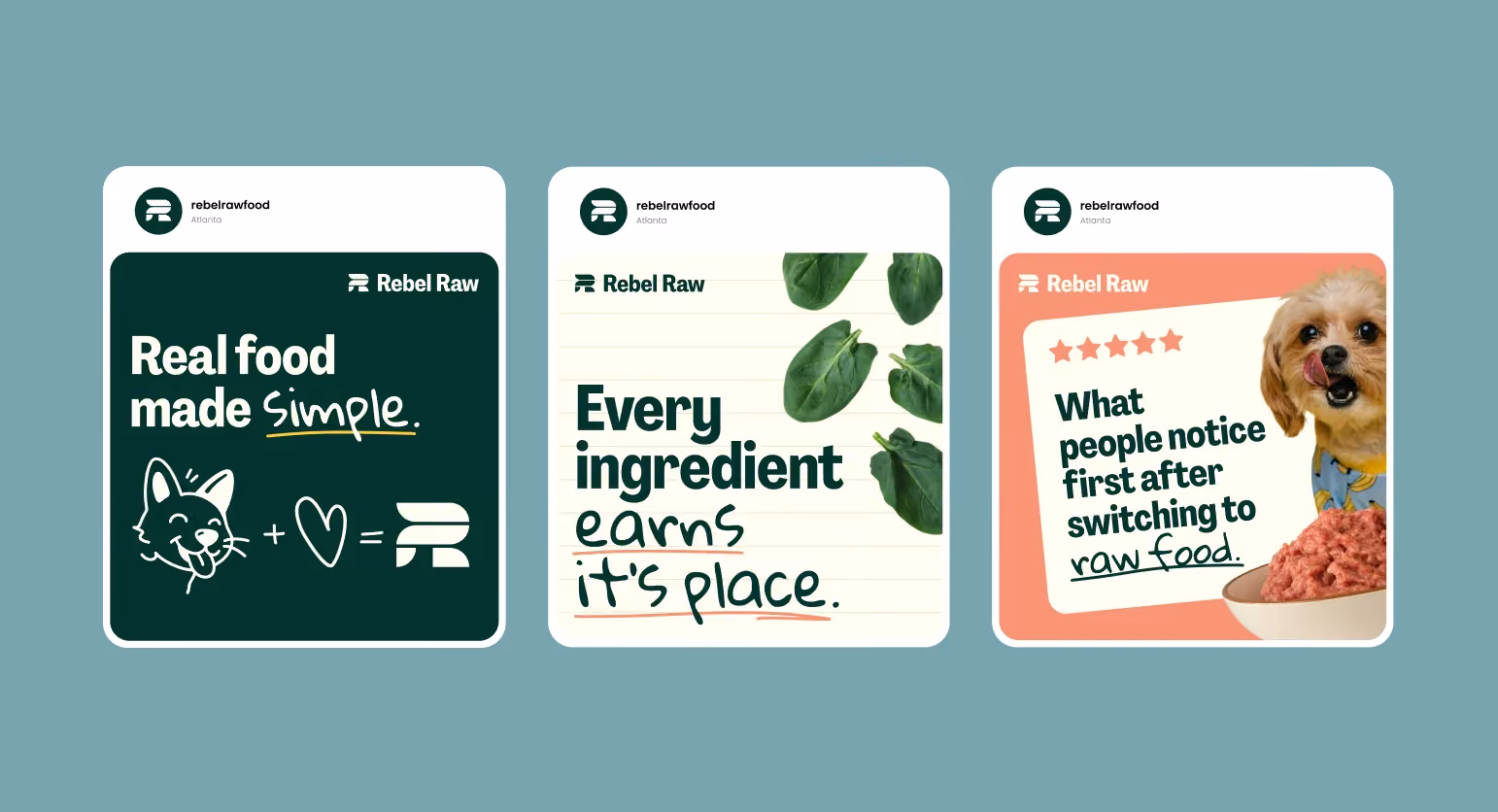 Three Rebel Raw social media posts designed by magier, featuring brand messaging like "Real food made simple" and "Every ingredient earns its place" with consistent green and coral brand colors