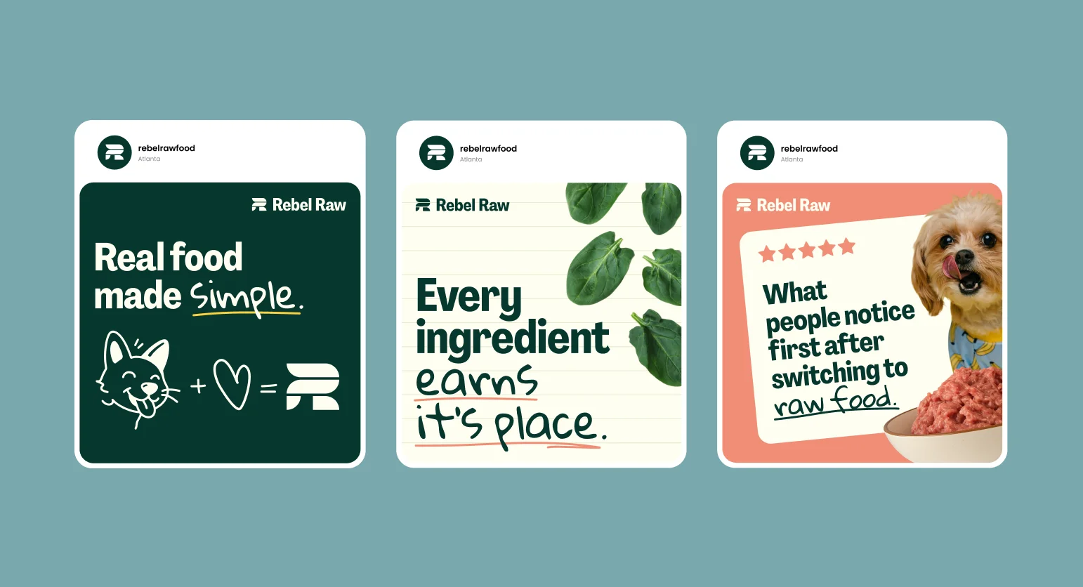 Three Rebel Raw social media posts designed by magier, featuring brand messaging like "Real food made simple" and "Every ingredient earns its place" with consistent green and coral brand colors