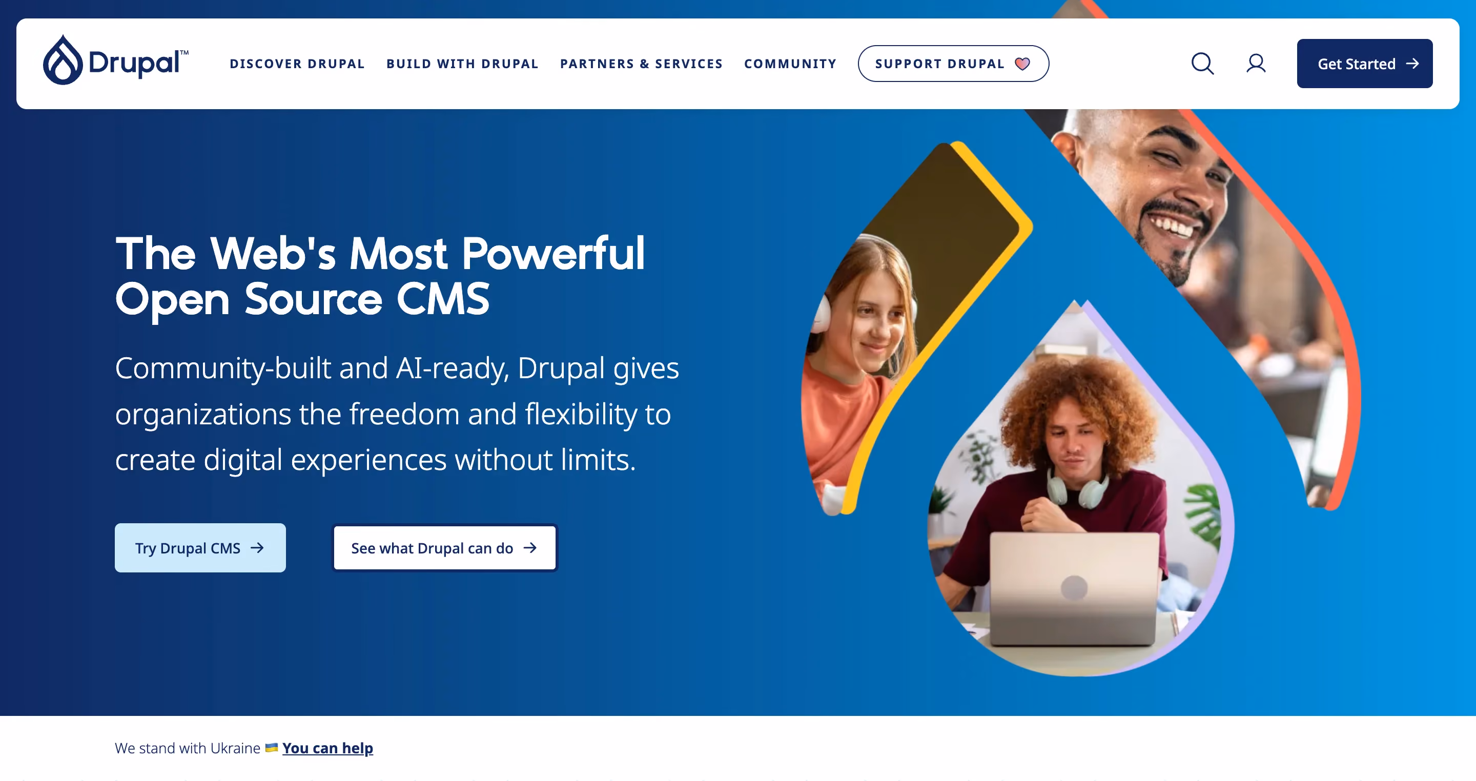 Screenshot of the Drupal.org homepage showing the hero section with the headline "The Web's Most Powerful Open Source CMS" and the subheadline "Community-built and AI-ready, Drupal gives organizations the freedom and flexibility to create digital experiences without limits." Two CTAs are visible: "Try Drupal CMS" and "See what Drupal can do."