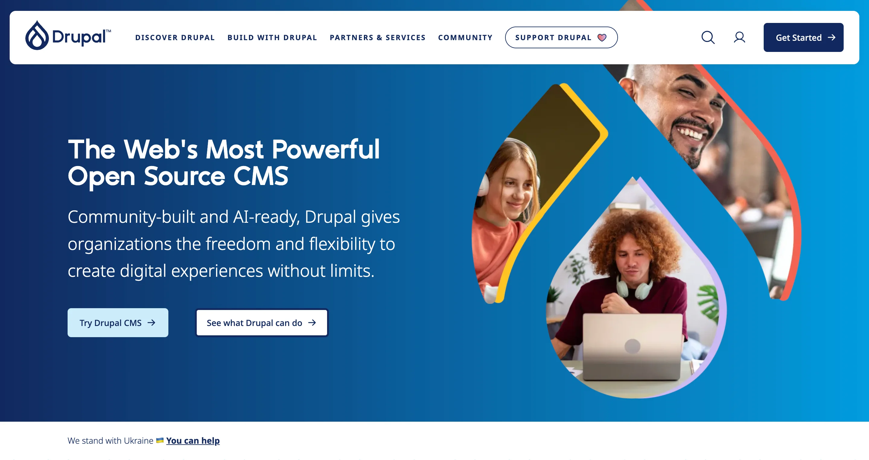 Screenshot of the Drupal.org homepage showing the hero section with the headline "The Web's Most Powerful Open Source CMS" and the subheadline "Community-built and AI-ready, Drupal gives organizations the freedom and flexibility to create digital experiences without limits." Two CTAs are visible: "Try Drupal CMS" and "See what Drupal can do."