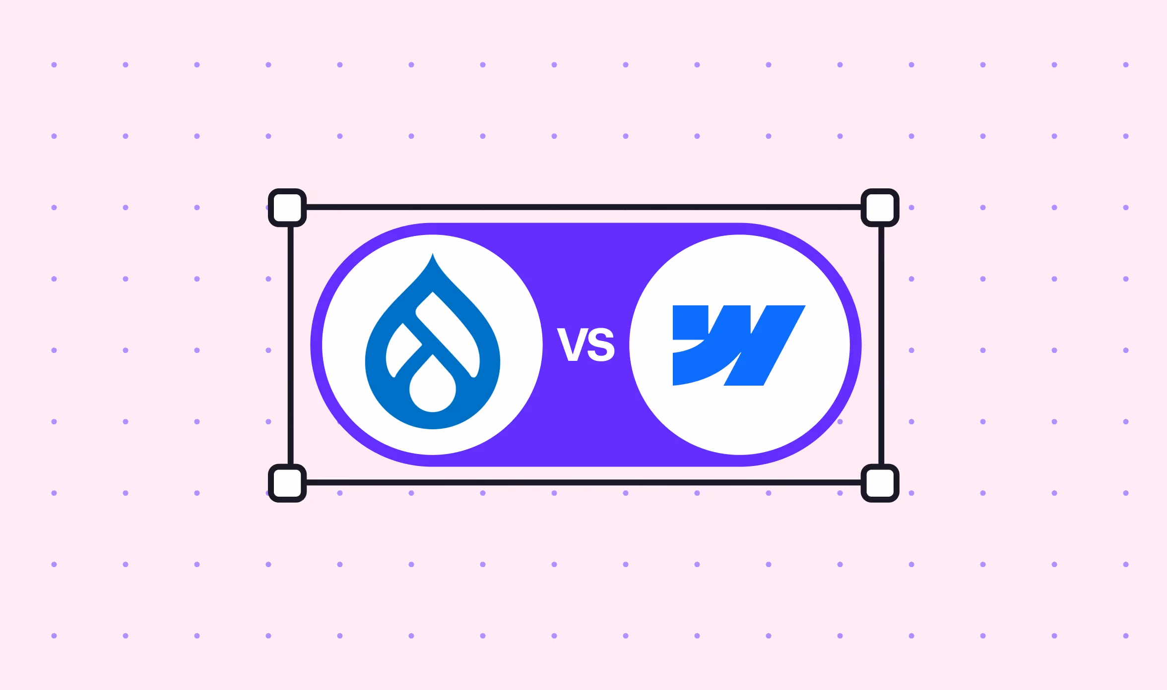 Blog cover image for a Webflow vs Drupal comparison article. The Drupal droplet logo and the Webflow W logo sit side by side inside a purple rounded pill shape, with "vs" between them, set against a light pink dotted background with a selection frame overl