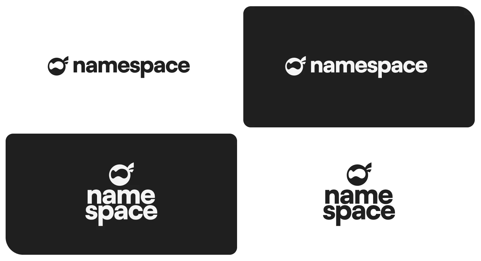 Namespace logo lockups displayed in four variations across light and dark backgrounds, including horizontal and stacked layouts with the ninja icon mark.