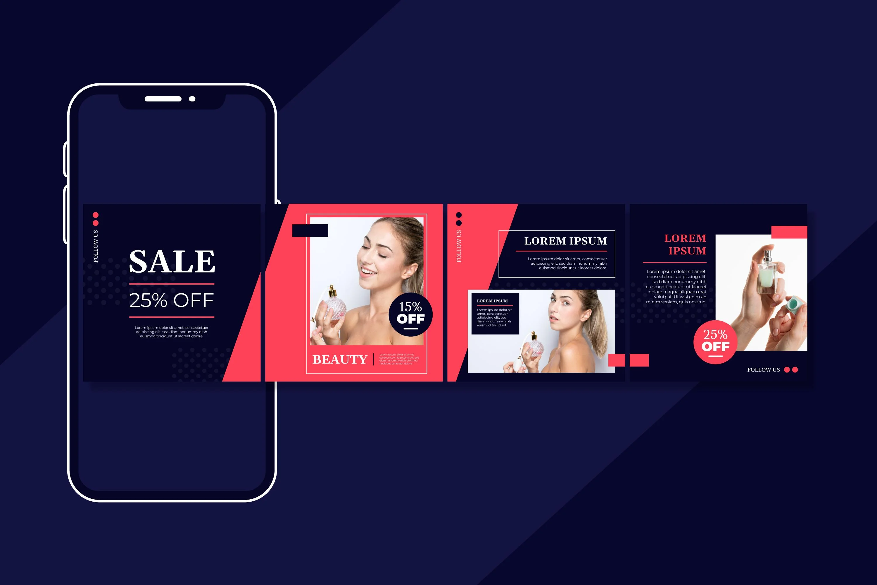 Beauty brand social media template design set in navy blue and coral pink. Features smartphone mockup displaying '25% OFF SALE' alongside four square posts showing women with perfume bottles, discount badges reading '15% OFF' and '25% OFF,' and placeholder Lorem Ipsum text with 'FOLLOW US' labels.