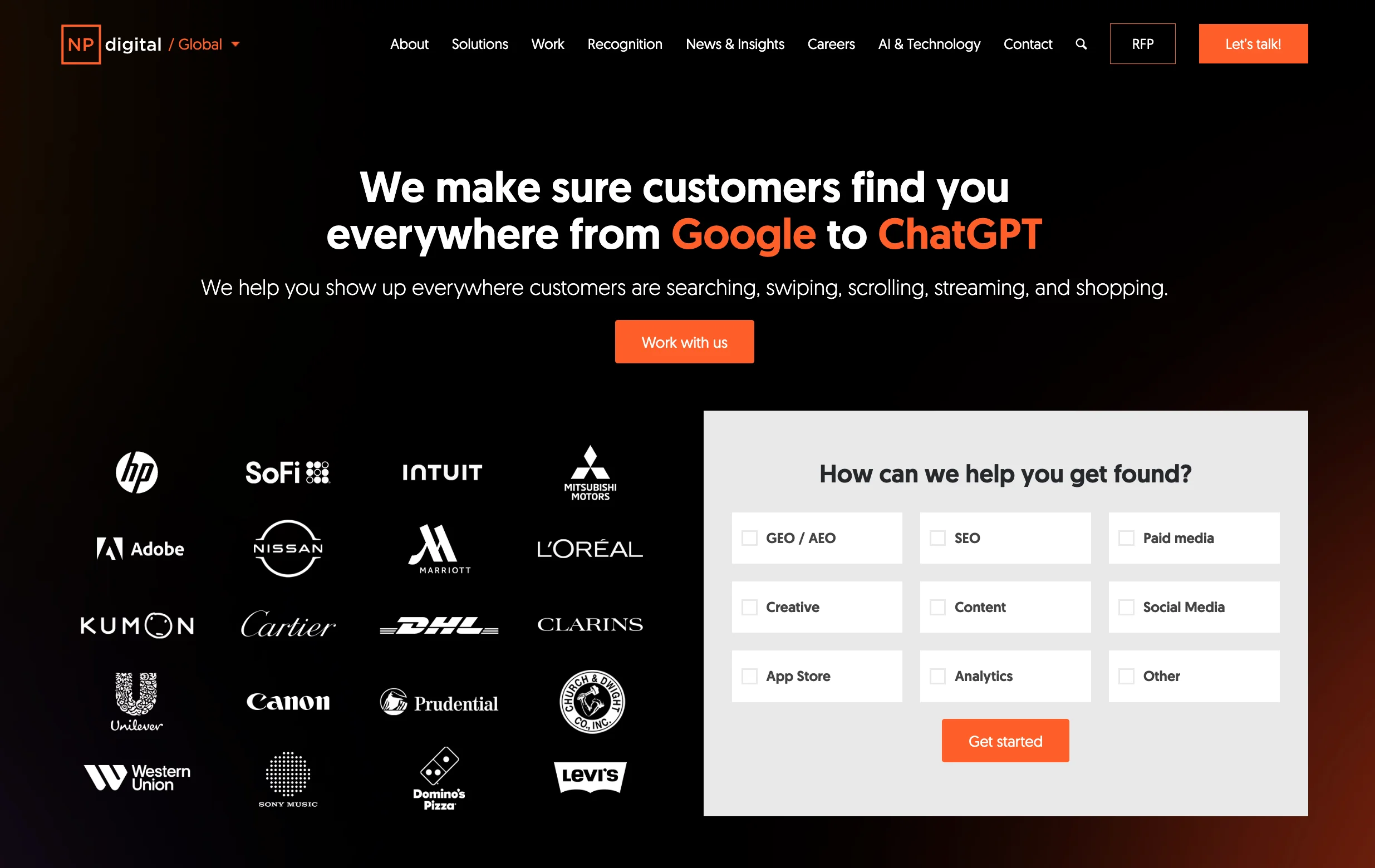 NP Digital homepage with a dark gradient background and the headline "We make sure customers find you everywhere from Google to ChatGPT" in white and orange text. Shows enterprise client logos including HP, SoFi, Intuit, Adobe, Nissan, Marriott, L'Oréal, DHL, Canon, Prudential, Western Union, and Levi's, with a service selection form on the right.