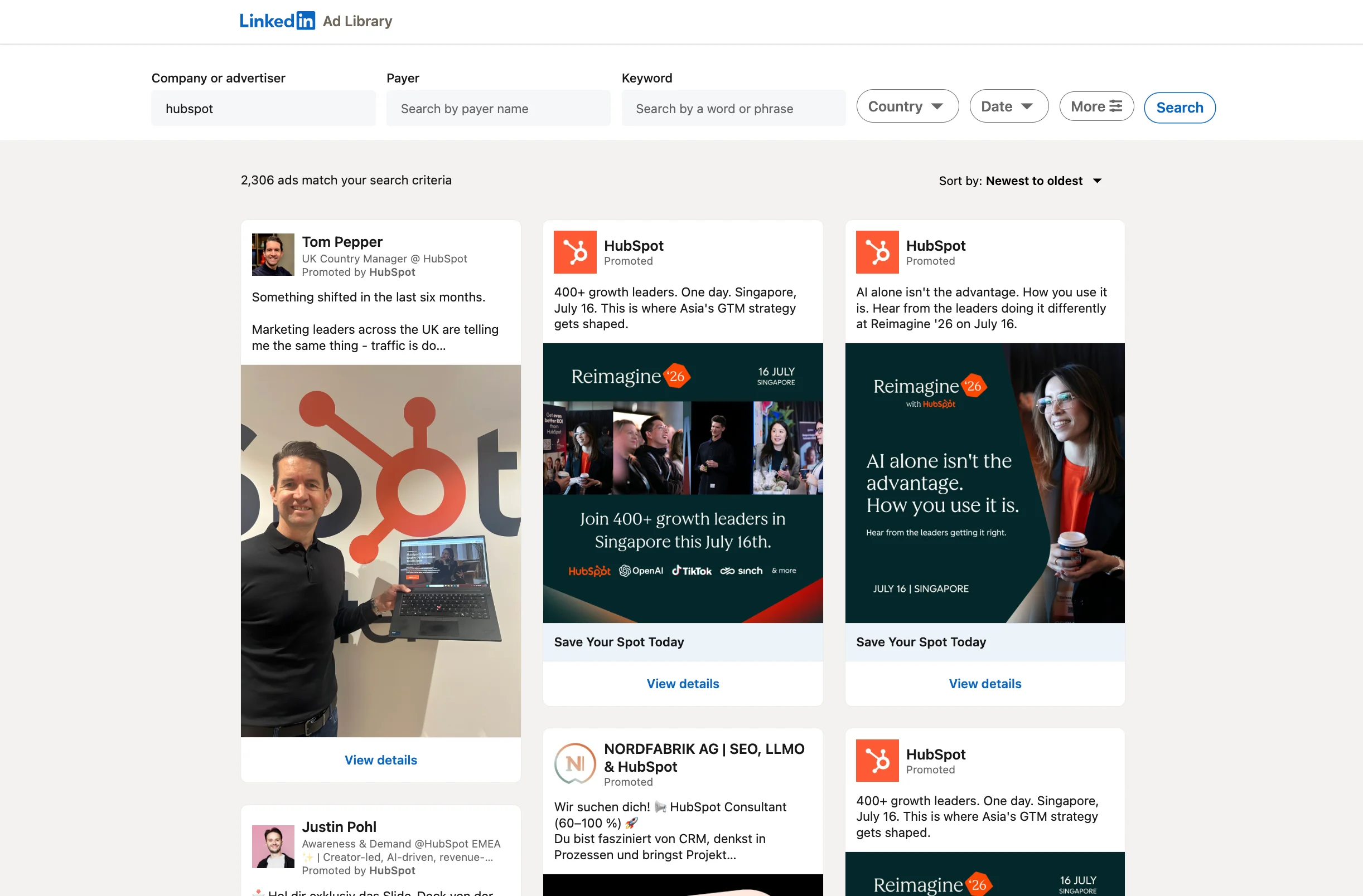 HubSpot LinkedIn Ads library showing promoted posts and event ads as a b2b inbound marketing example of paid content distribution.