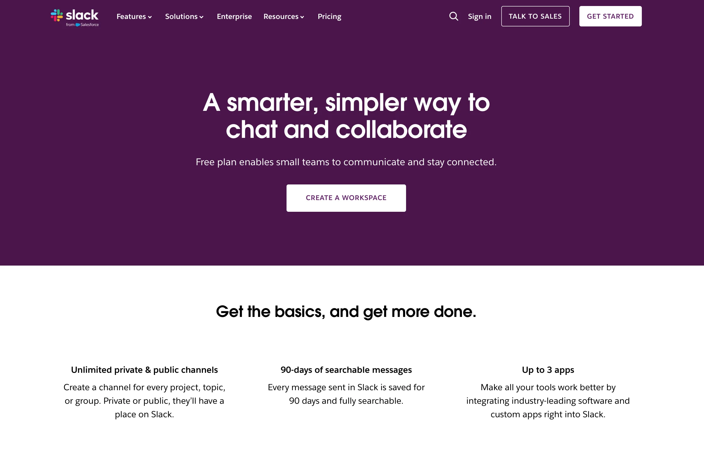 Slack free plan landing page with workspace signup as a b2b inbound marketing example of product-led growth.