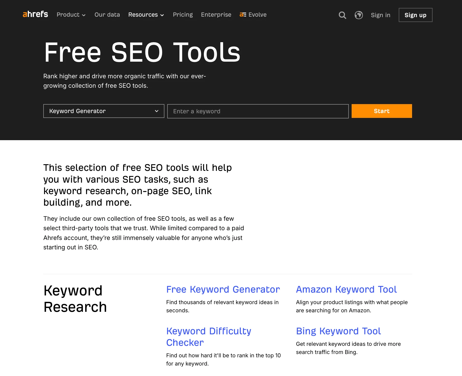 Ahrefs free SEO tools page with keyword generator and backlink checker as a b2b inbound marketing example of interactive content.