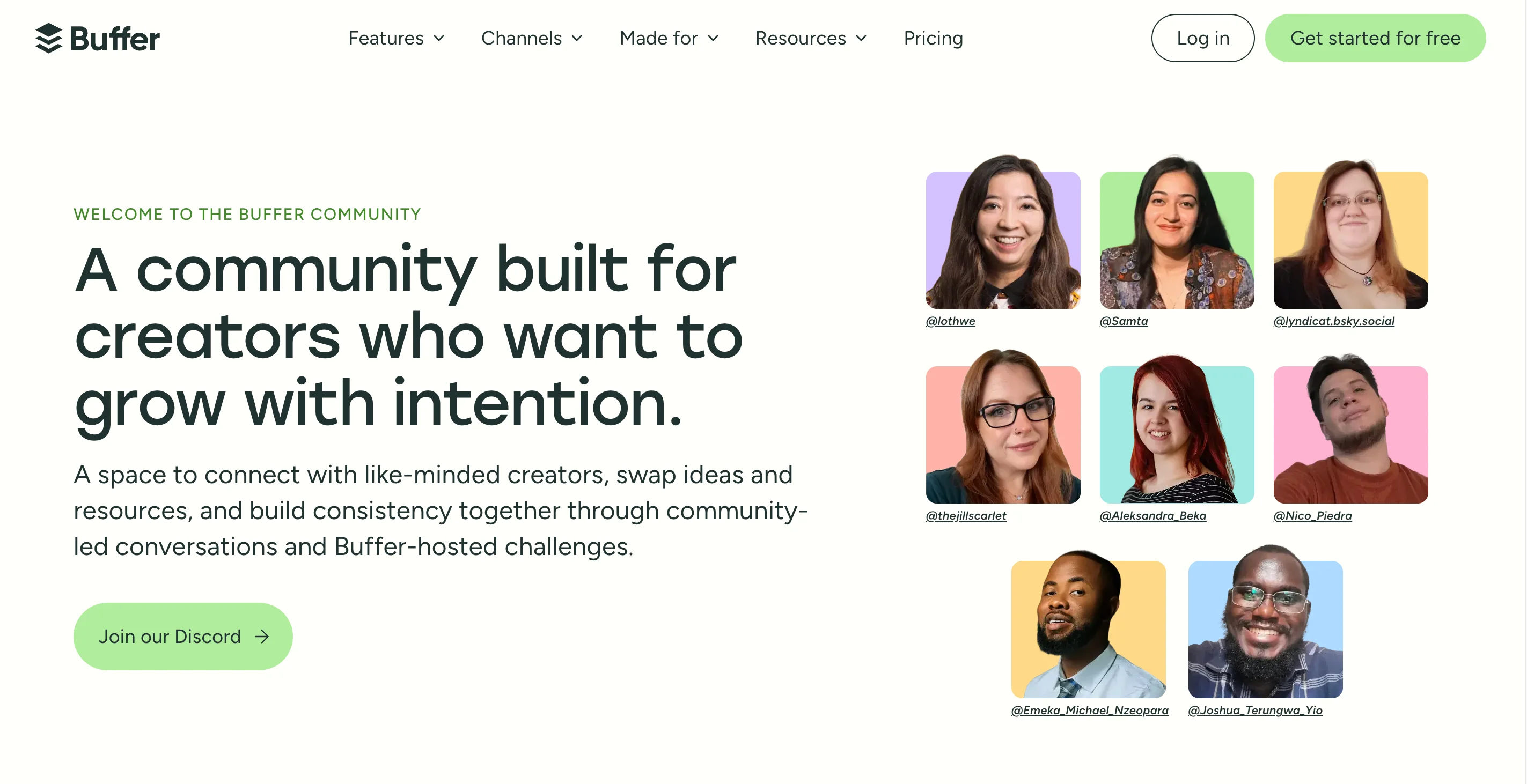 Buffer community page inviting creators to join their Discord as a b2b inbound marketing example of community building.