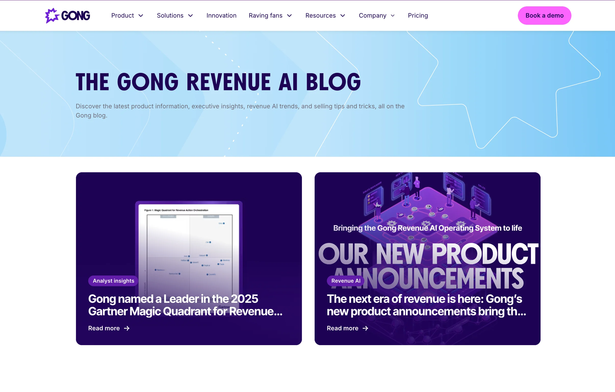 Gong revenue AI blog featuring analyst insights and product announcements as a b2b inbound marketing example of proprietary data content.