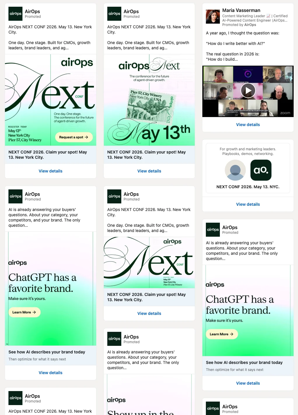 AirOps LinkedIn promoted posts and founder-led content promoting their NEXT conference as a b2b inbound marketing example of thought leadership.