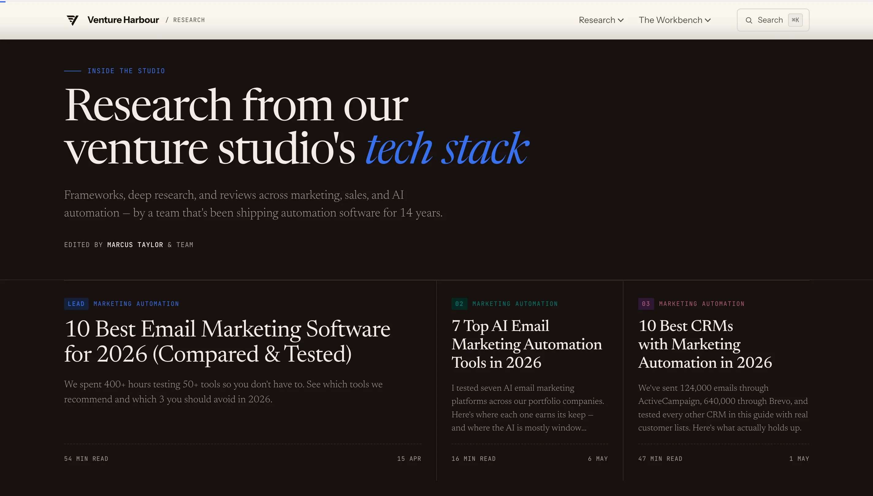 Venture Harbour research hub edited by Marcus Taylor featuring original data journalism as a b2b inbound marketing example.