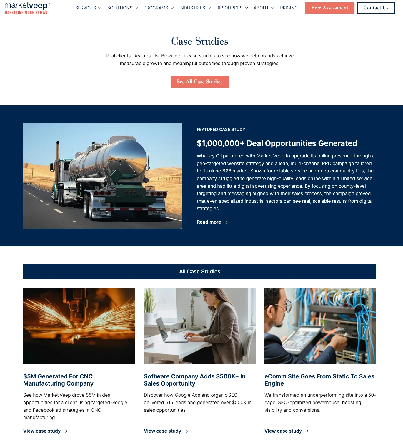 Market Veep case studies page showing client results with real revenue data as a b2b inbound marketing example.