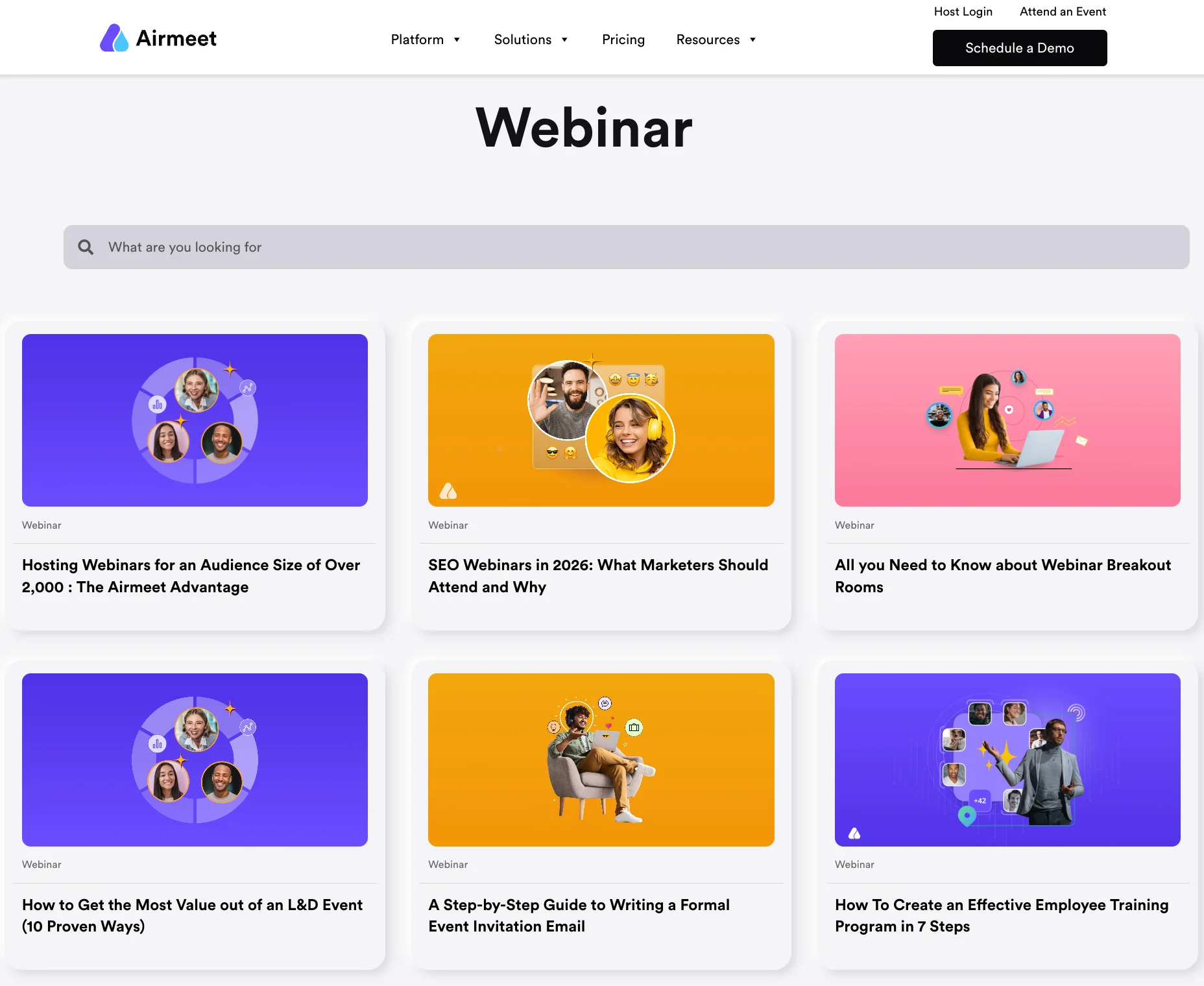Airmeet webinar library with SEO and event hosting topics as a b2b inbound marketing example of virtual events.