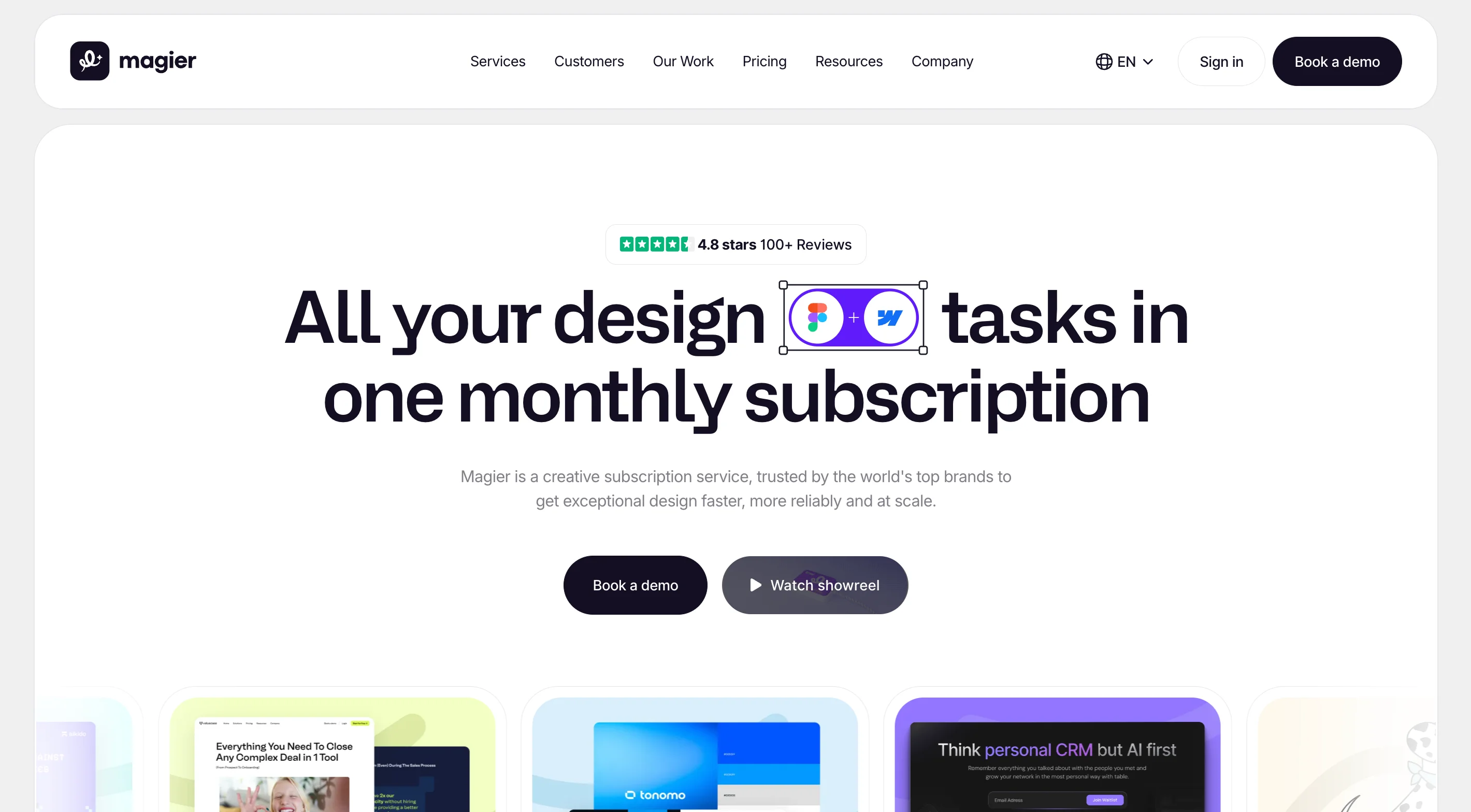 Magier SaaS marketing agency homepage with the headline "All your design tasks in one monthly subscription," a 4.8-star Trustpilot rating, and Book a demo and Watch showreel buttons
