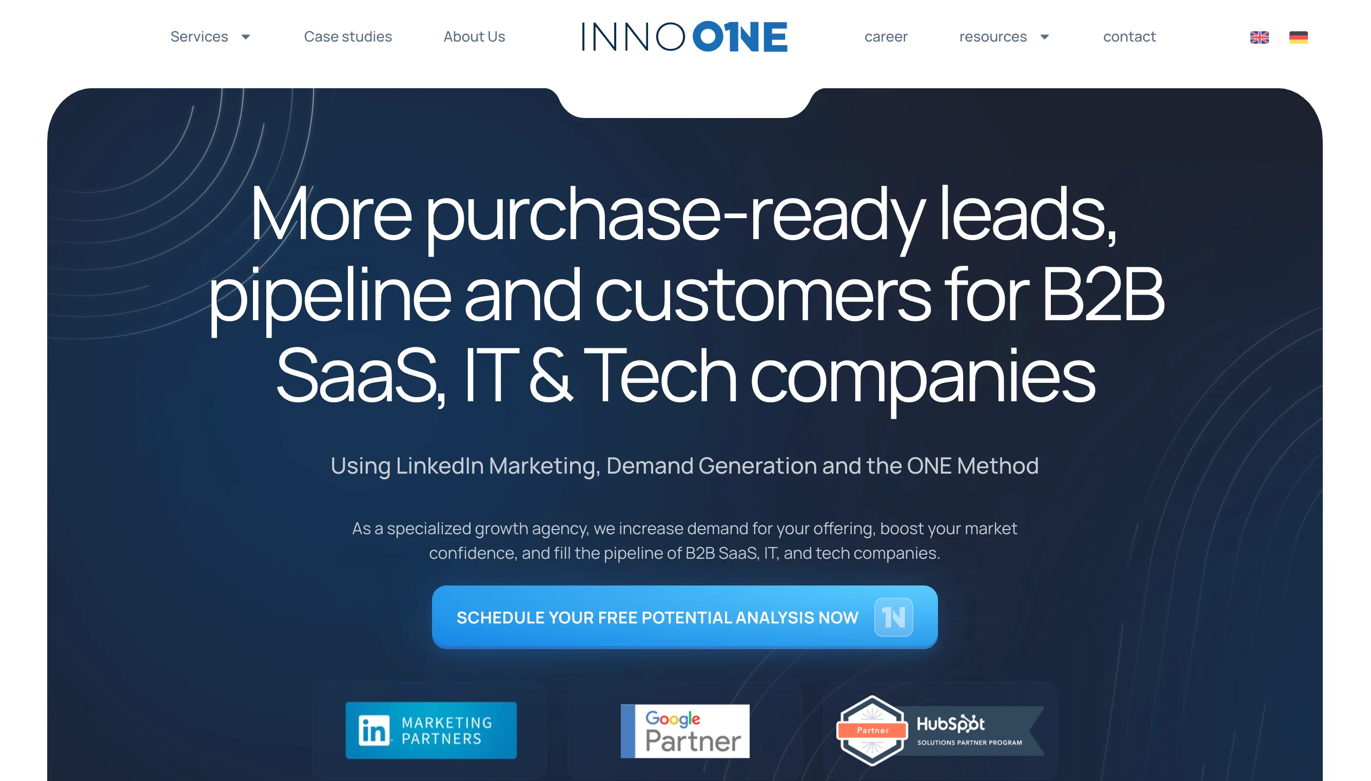 INNO ONE SaaS marketing agency hero on a dark blue background reading "More purchase-ready leads, pipeline and customers for B2B SaaS, IT & Tech companies" with a free analysis button and partner badges