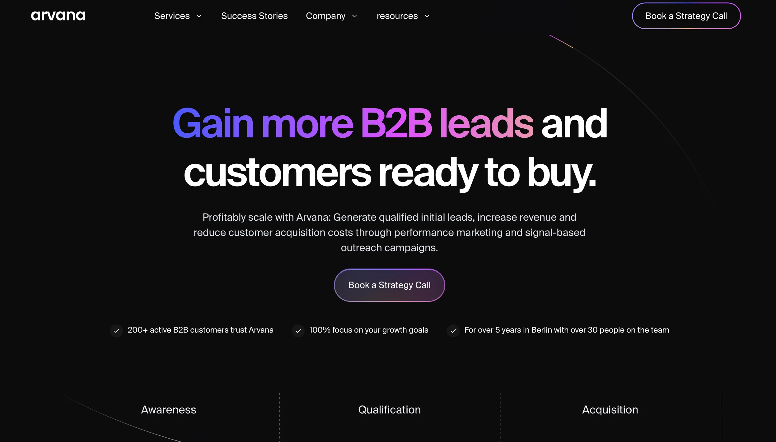 Arvana SaaS marketing agency hero with the gradient headline "Gain more B2B leads and customers ready to buy" on a dark background, a Book a Strategy Call button, and trust indicators