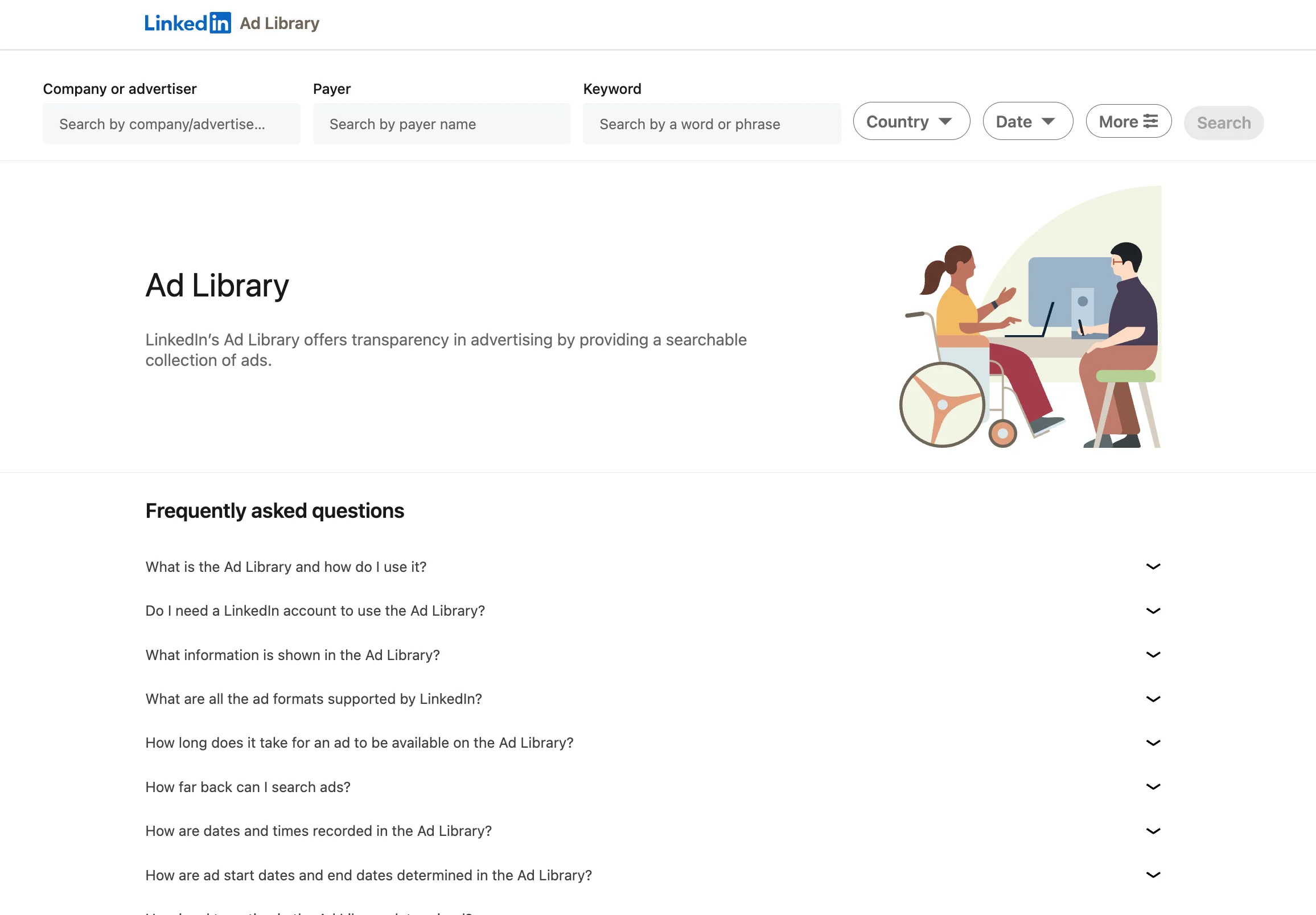 LinkedIn Ad Library homepage showing search fields for company or advertiser, payer name, and keyword, along with country and date filters and frequently asked questions.