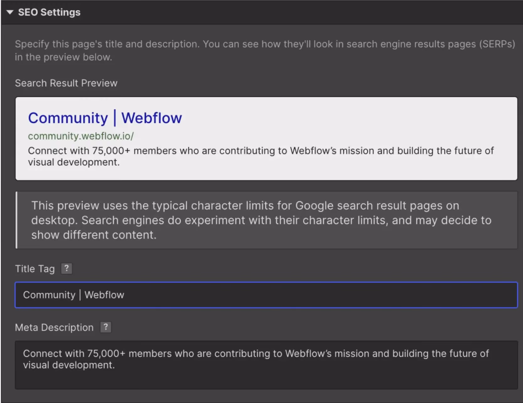 Webflow SEO settings panel showing the title tag and meta description fields with a live search result preview for a page, demonstrating Webflow's built-in on-page SEO controls