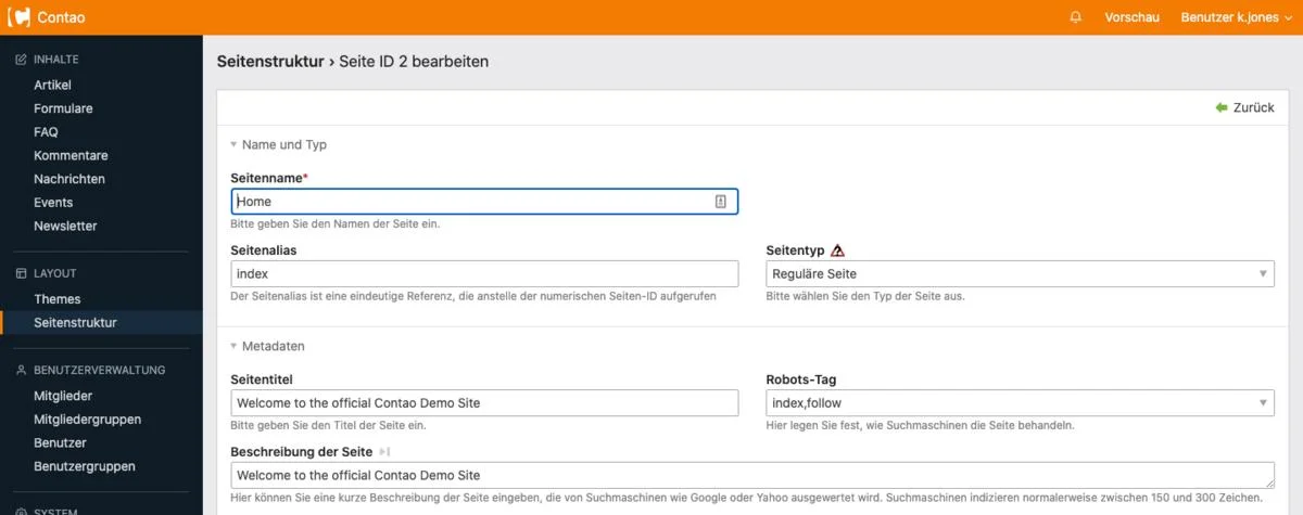 Contao Template Studio showing Twig HTML template files and code editor for customizing content element layouts, demonstrating Contao's developer-level design customization capabilities