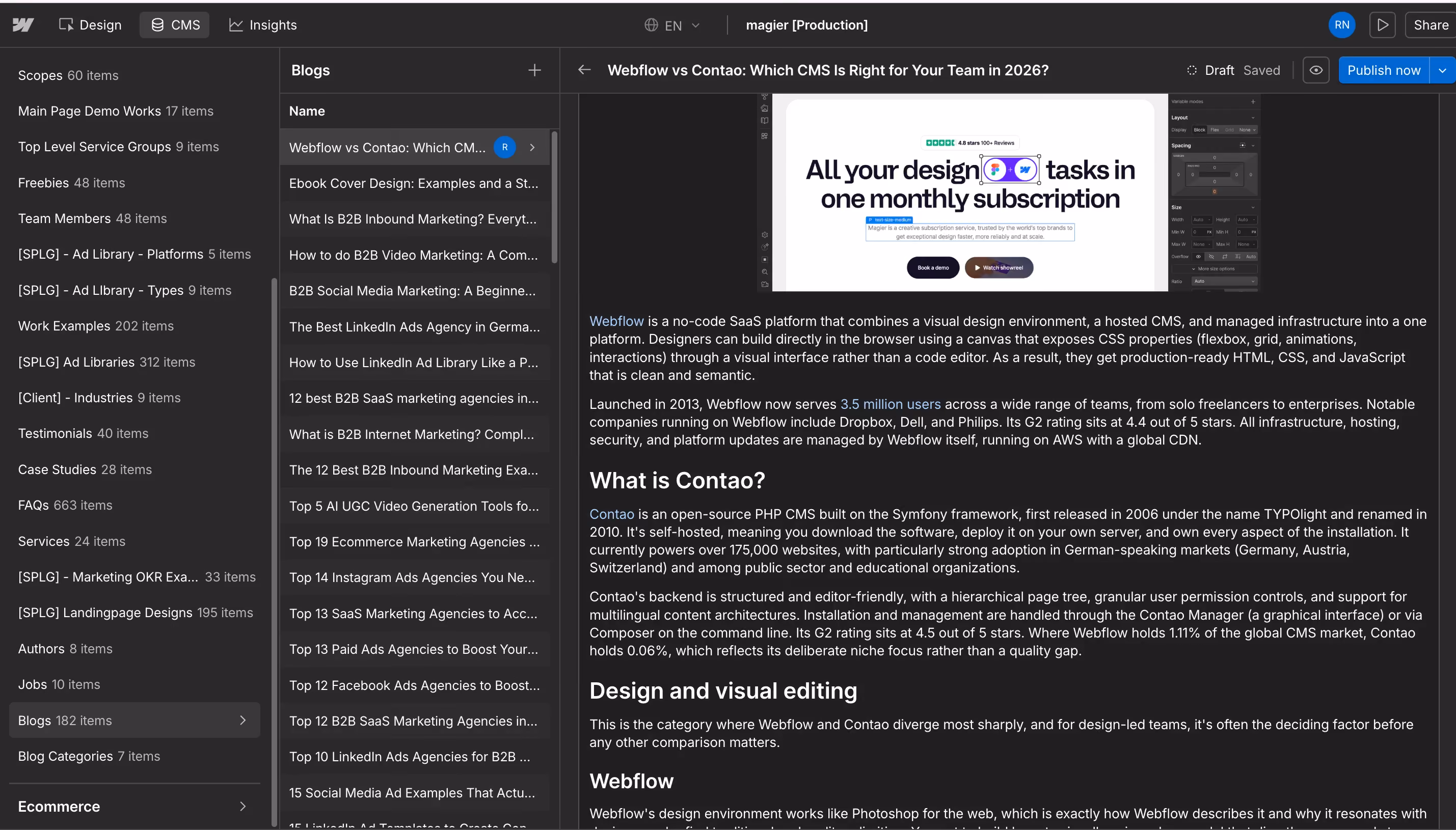 Webflow CMS backend showing the Webflow vs Contao blog post in the magier content management dashboard alongside other blog entries
