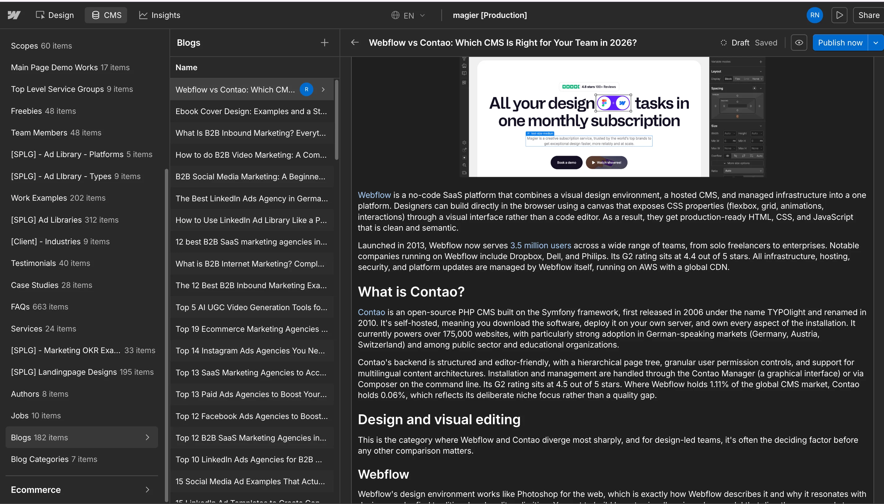 Webflow CMS backend showing the Webflow vs Contao blog post in the magier content management dashboard alongside other blog entries