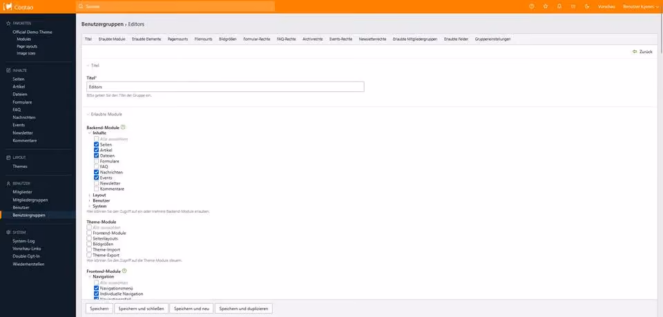 Contao CMS backend showing the Benutzergruppen (user groups) permissions panel with granular access controls for backend modules, theme modules, and frontend navigation elements